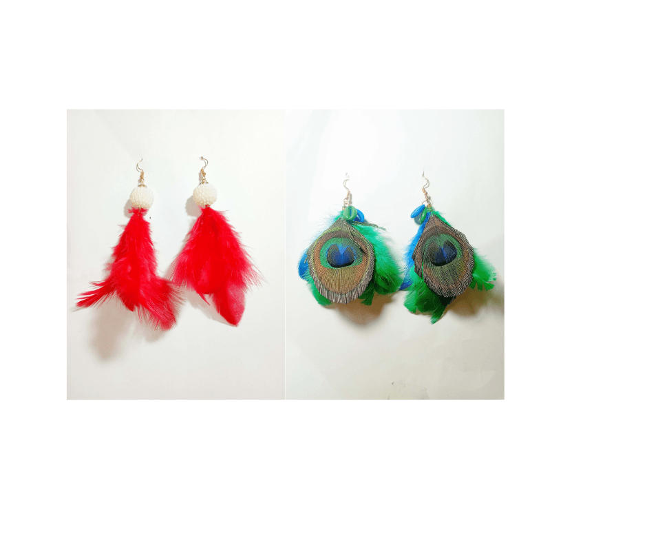 Red & Peacock Feather Earrings - Set of 2