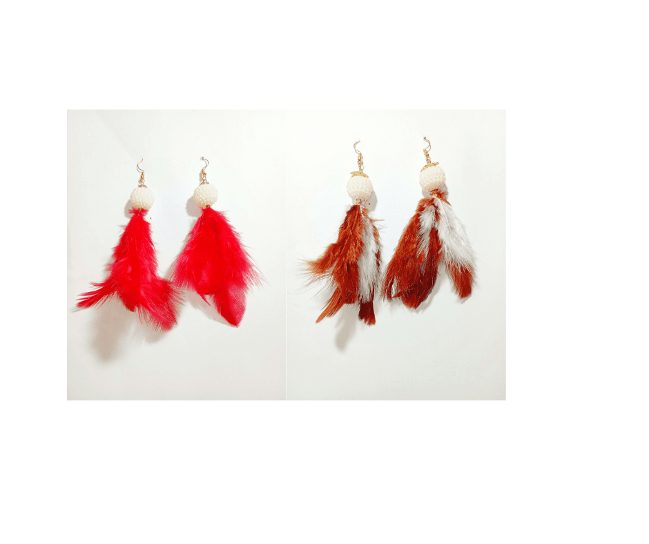 Red & Brown Feather Earrings - Set of 2