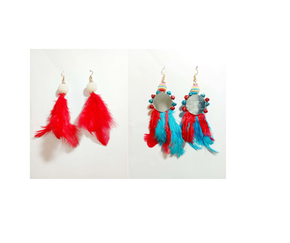 Red & Sky Blue Mirror Design Feather Earrings - Set of 2