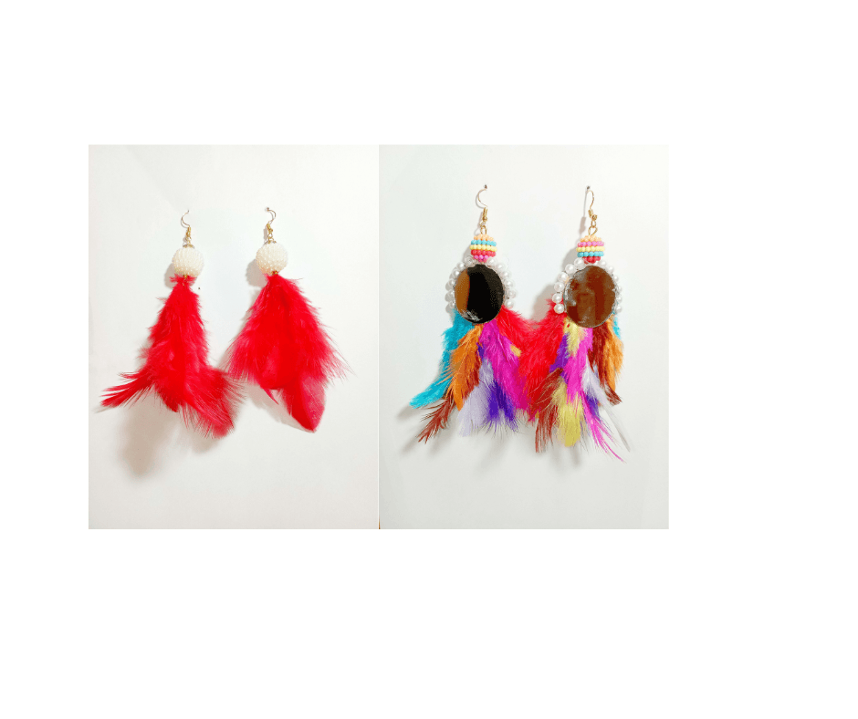 Red & Multicolor Mirror Design Feather Earrings - Set of 2