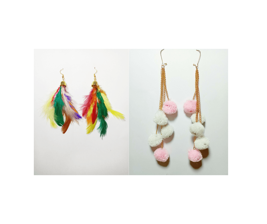 Multicolor Feather & Light Pink with White Pom Pom Earrings - Set of 2