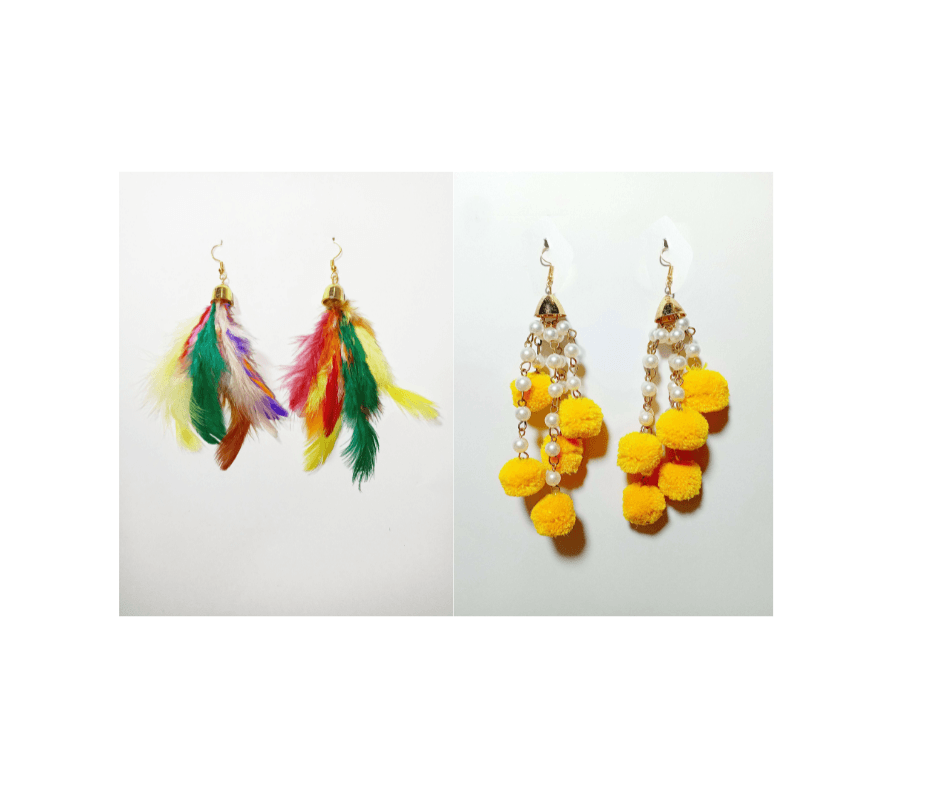 Multicolor Feather & Yellow Pom Pom Earrings - Set of 2