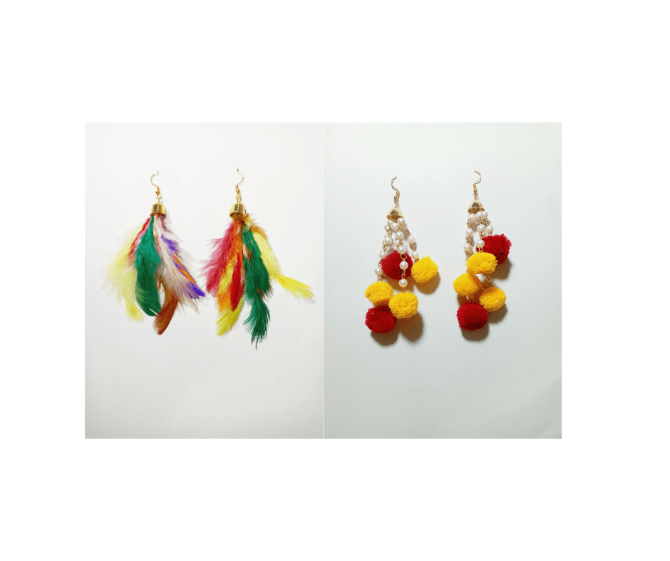 Multicolor Feather & Yellow With Maroon Pom Pom Earrings - Set of 2