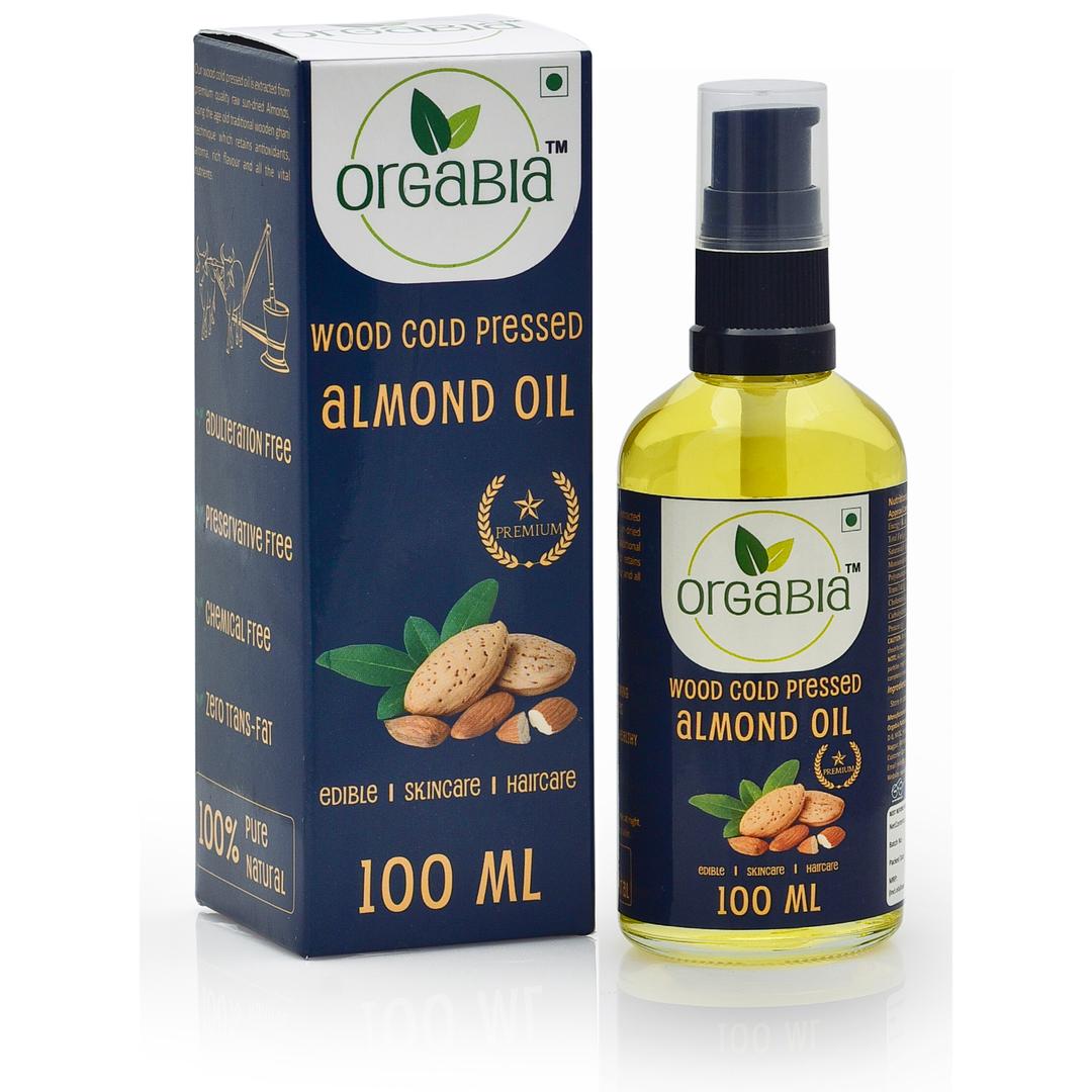 Orgabia Wood Cold Pressed Almond Oil 100ml Glass Pump Bottle -100% Pure & Natural Chemical Free Cold Pressed Almond Oil for Healthy Skin, Hair & Body.