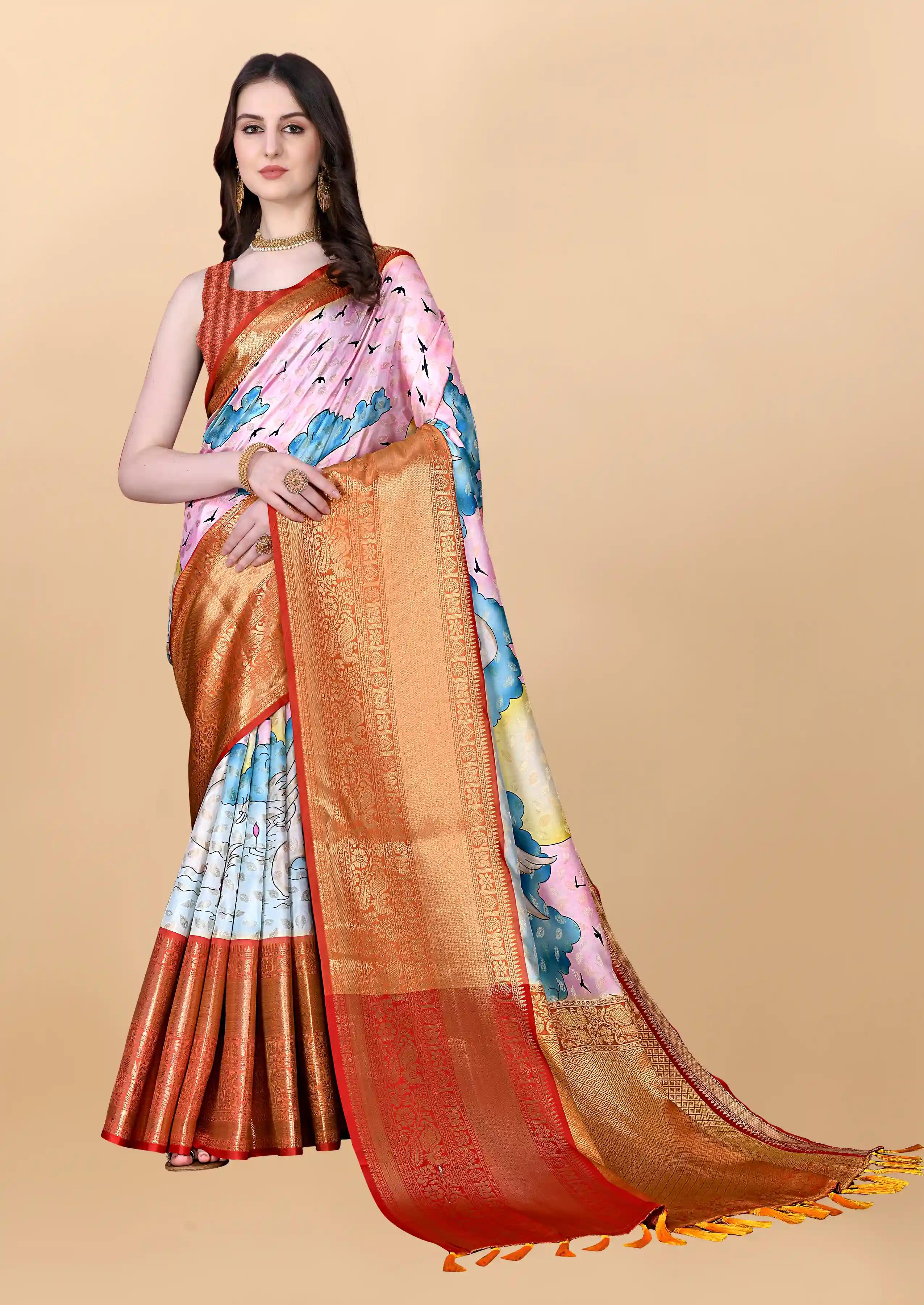 Soft Banarasi Silk Kalamkari Block Print Designer Saree - Pink Red