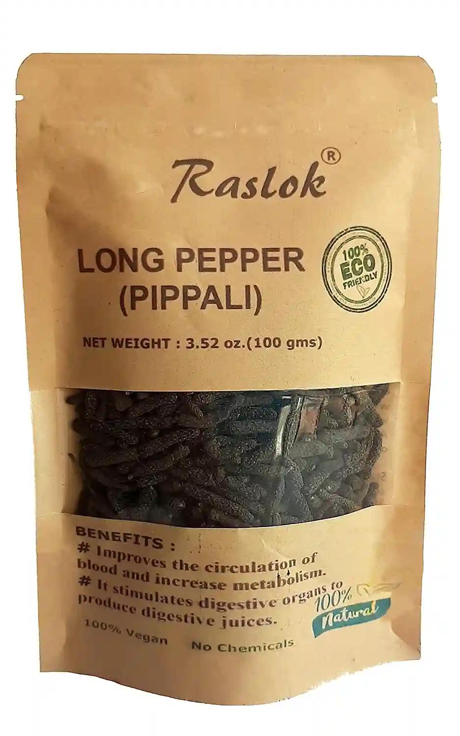 Raslok Dried Pippali Organic Whole Black Pepper with Resealable Bag - 100 Gm