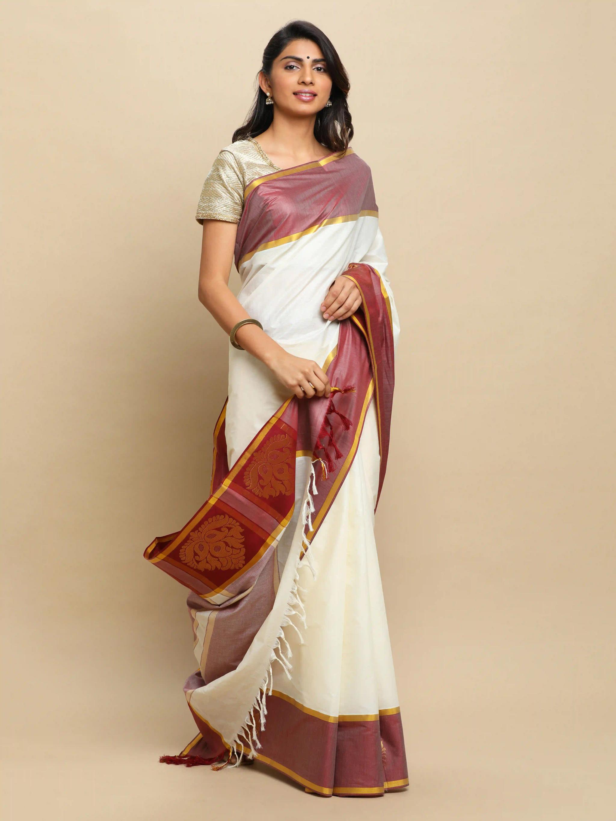 Plain Kerala Kasavu Pure Cotton Saree With Woven Border - Off White & Maroon