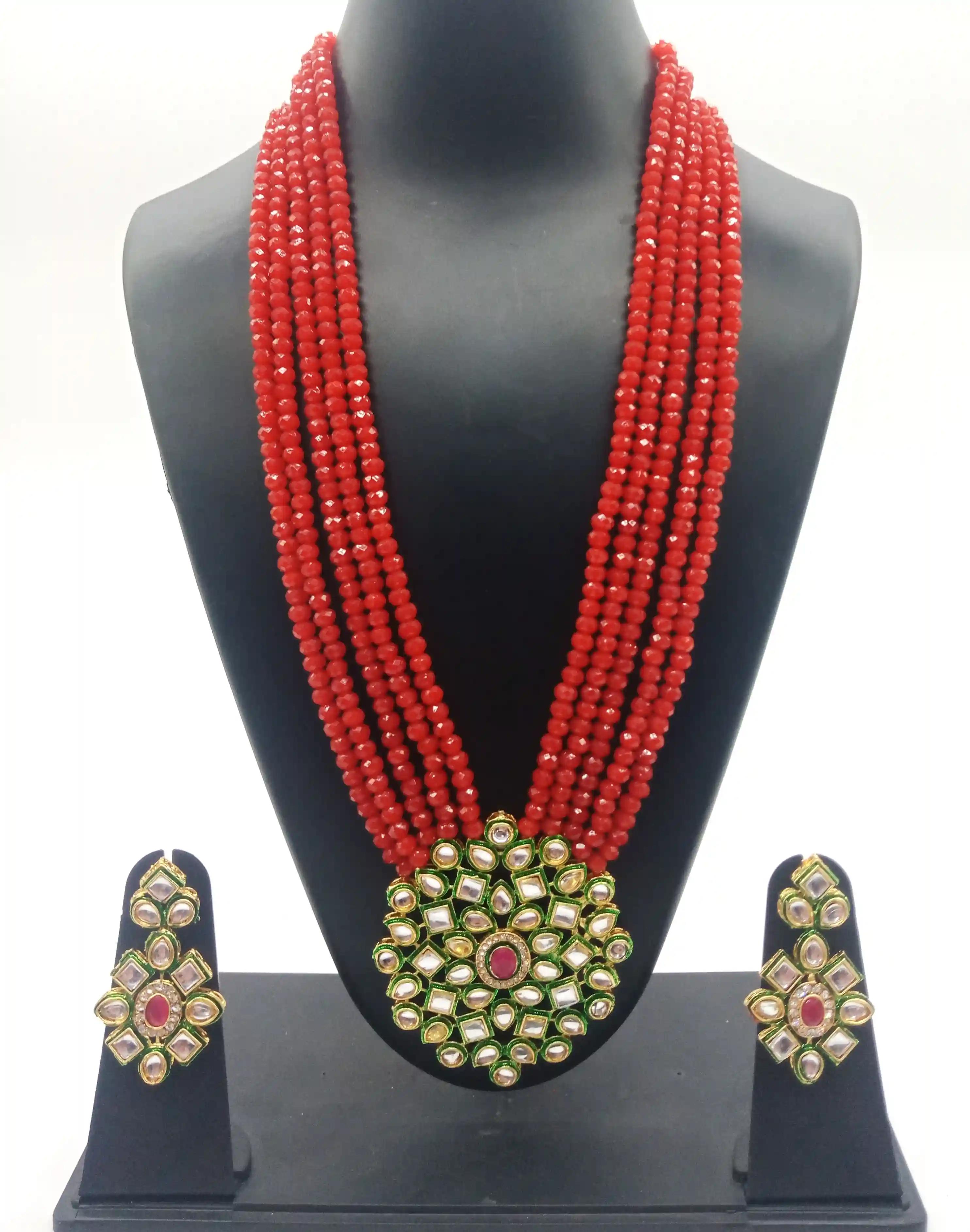 Crystal Shine Multi Strand Ethnic Beads Kundan Necklace & Earring Set - Red