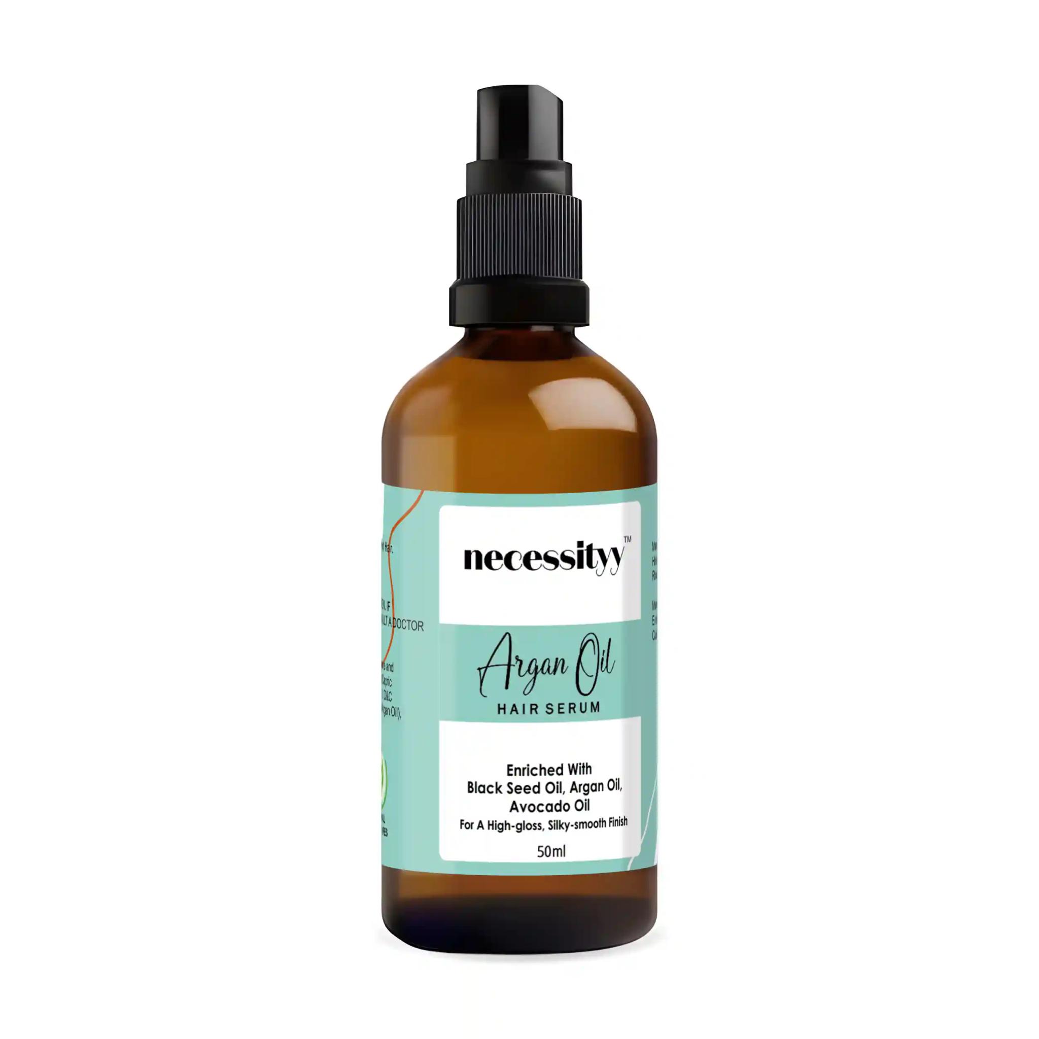 Necessity Argan Oil Hair Serum Nourish and Shine For Glossy and Nourished Hair, Sulphate & Paraben Free  UV-Protect Formula for Frizz Control - 50 Ml