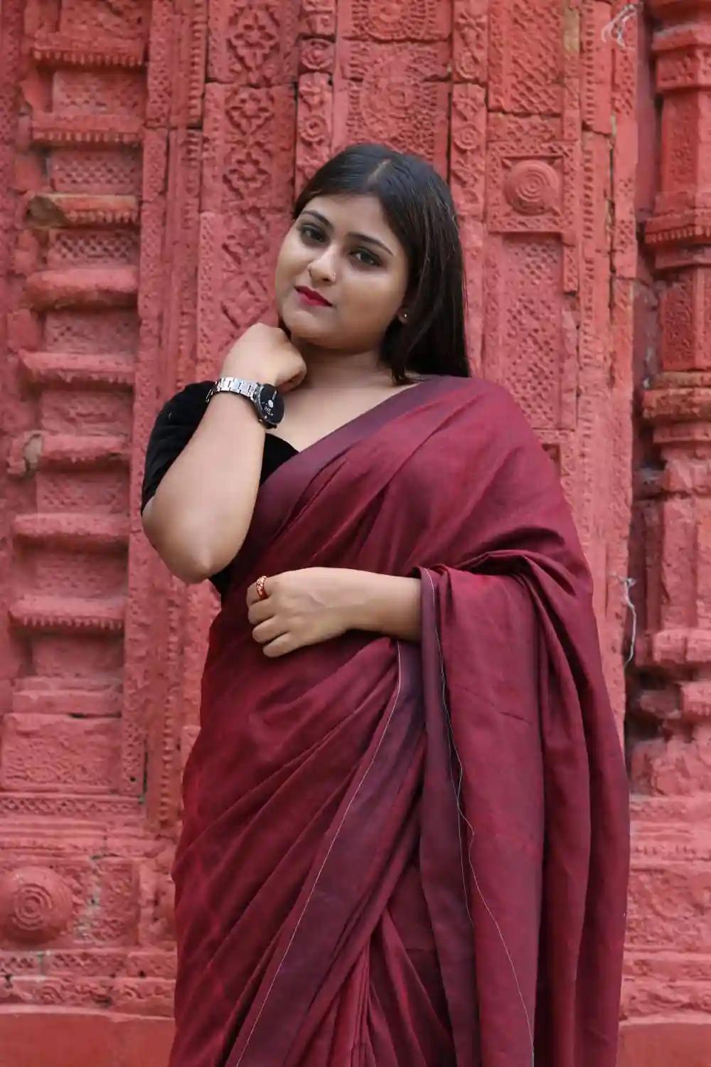 Pure Cotton Plain Saree - Maroon