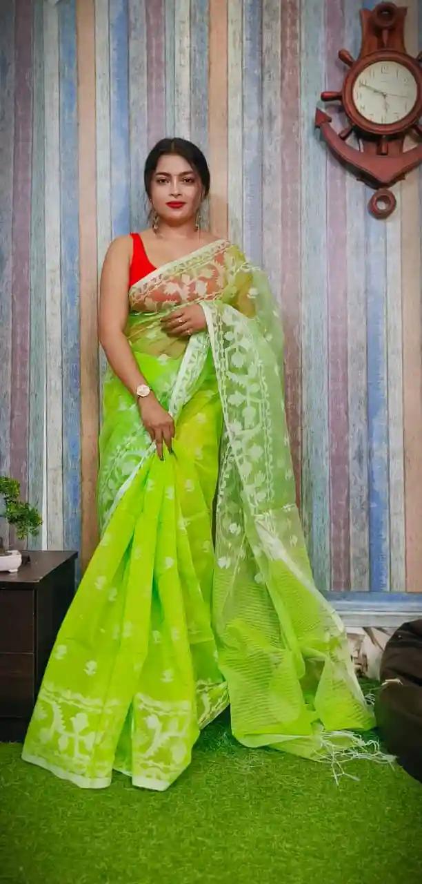 Light Green Reshom Silk Handloom Jamdani Saree