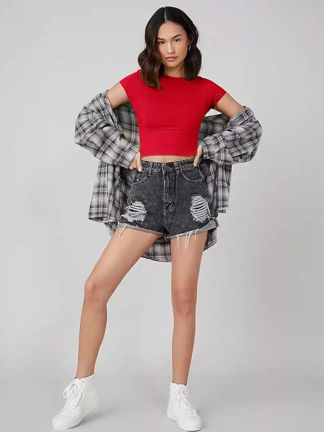 Solid Polyester Crop Top For Women - Red (X-Small)