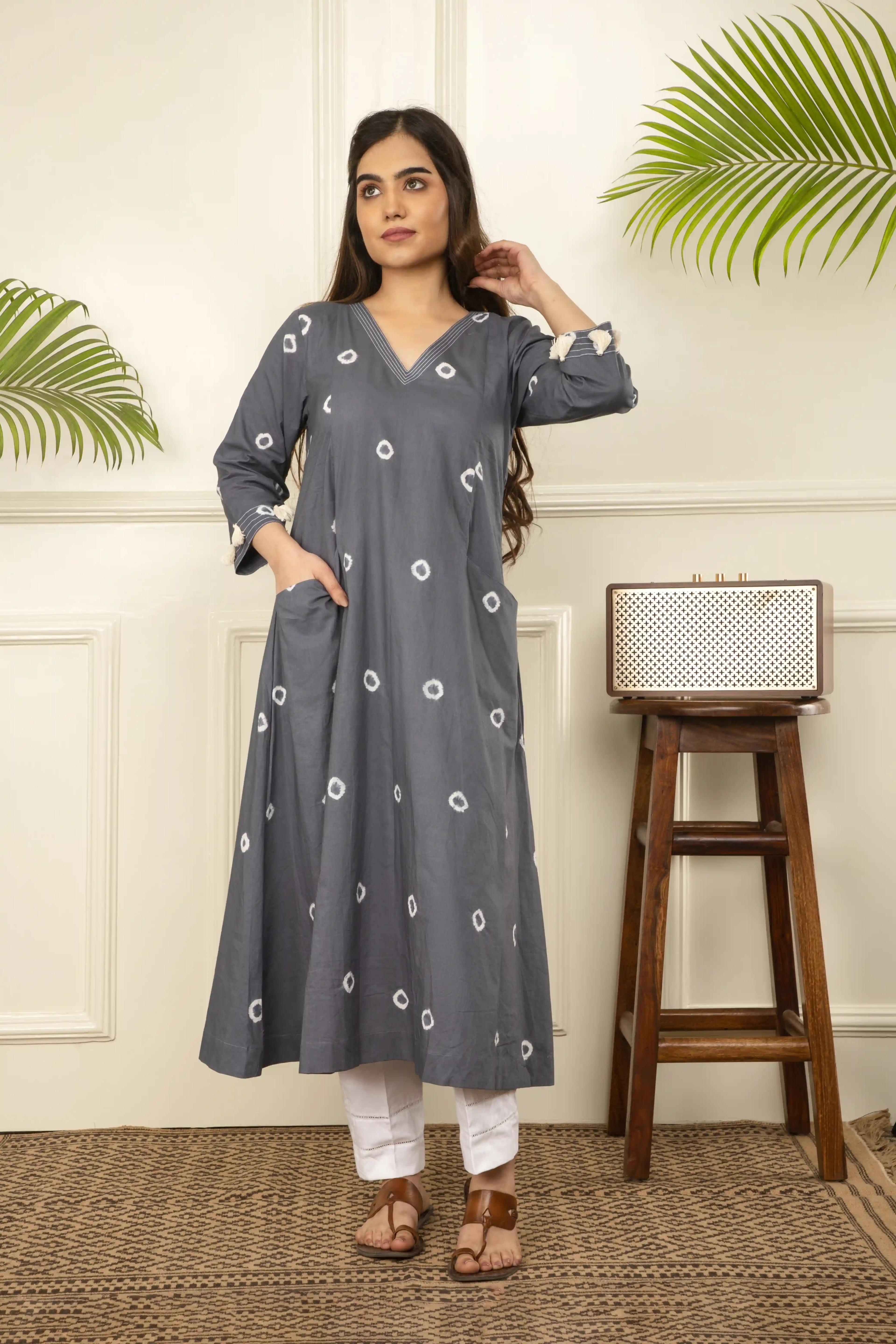 Grey Bandhani Tie And Dye Cotton A-Line Kurta - X-Small