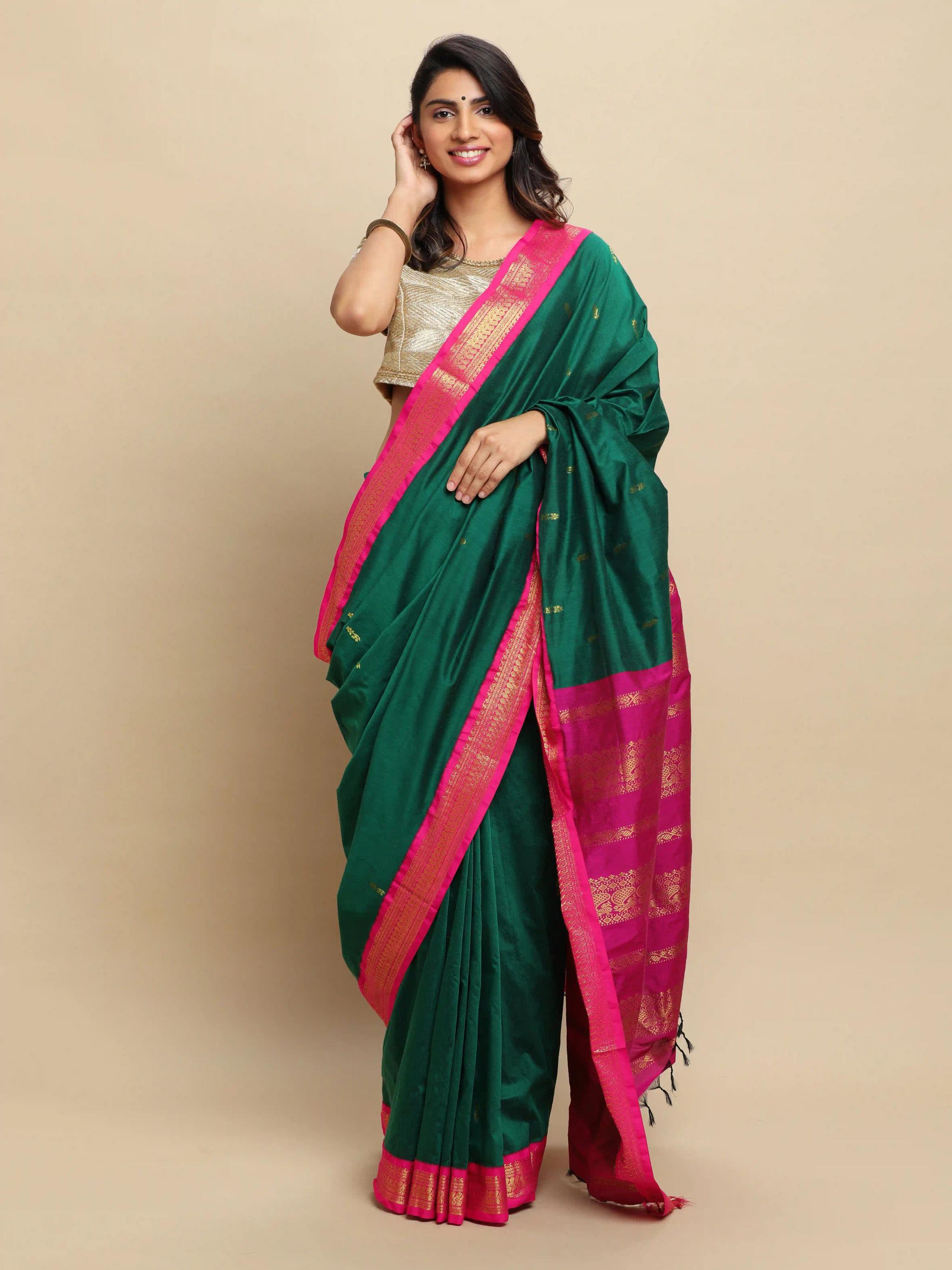 Gadwal Silk Cotton Sarees With Zari Buttas - Leaf Green Rani