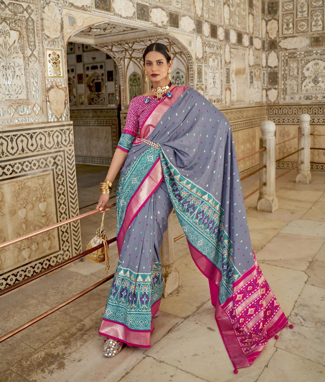 Soft Silk Patola Print Greyish Blue With Pink Border