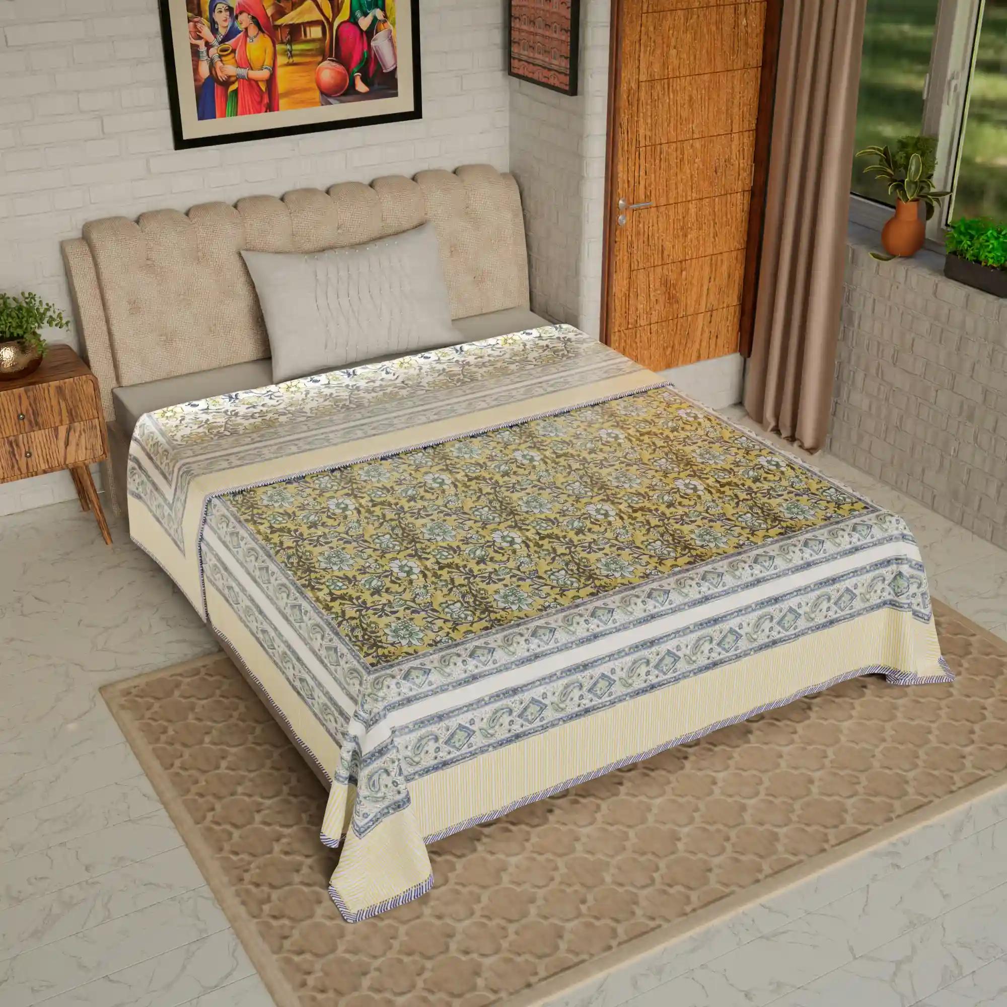 Jaipur Dohar Hand Block Printed Single Bed Cotton Dohar - Green Blue Yellow Floral