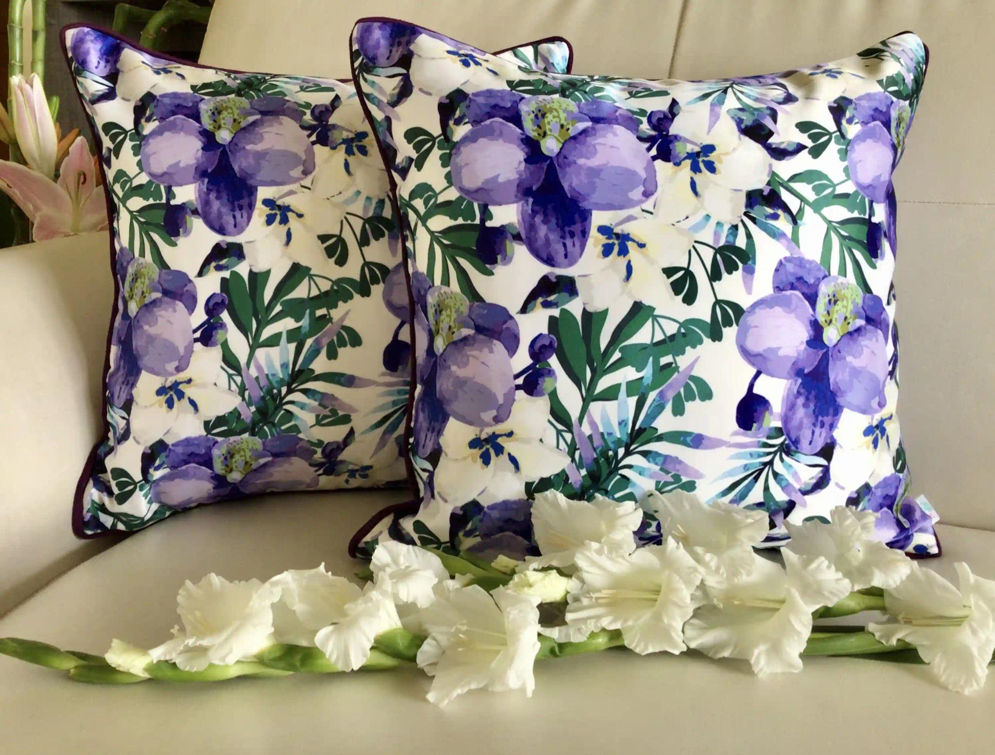 Watercolor Orchids- Reversible- Cushion Covers- Lavender- Set of 2