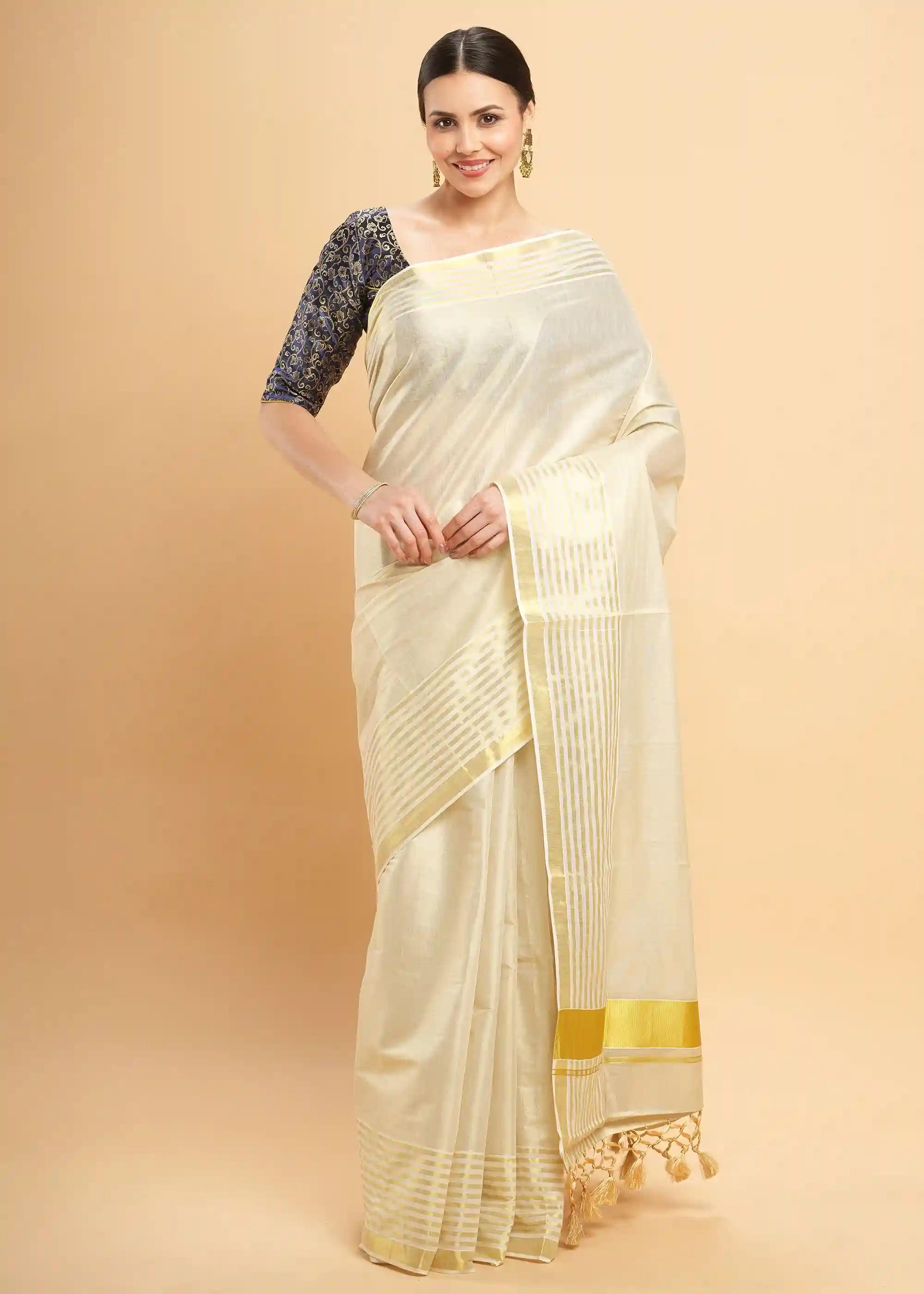 Kerala Kasavu Pure Cotton Tissue Saree With Tassels