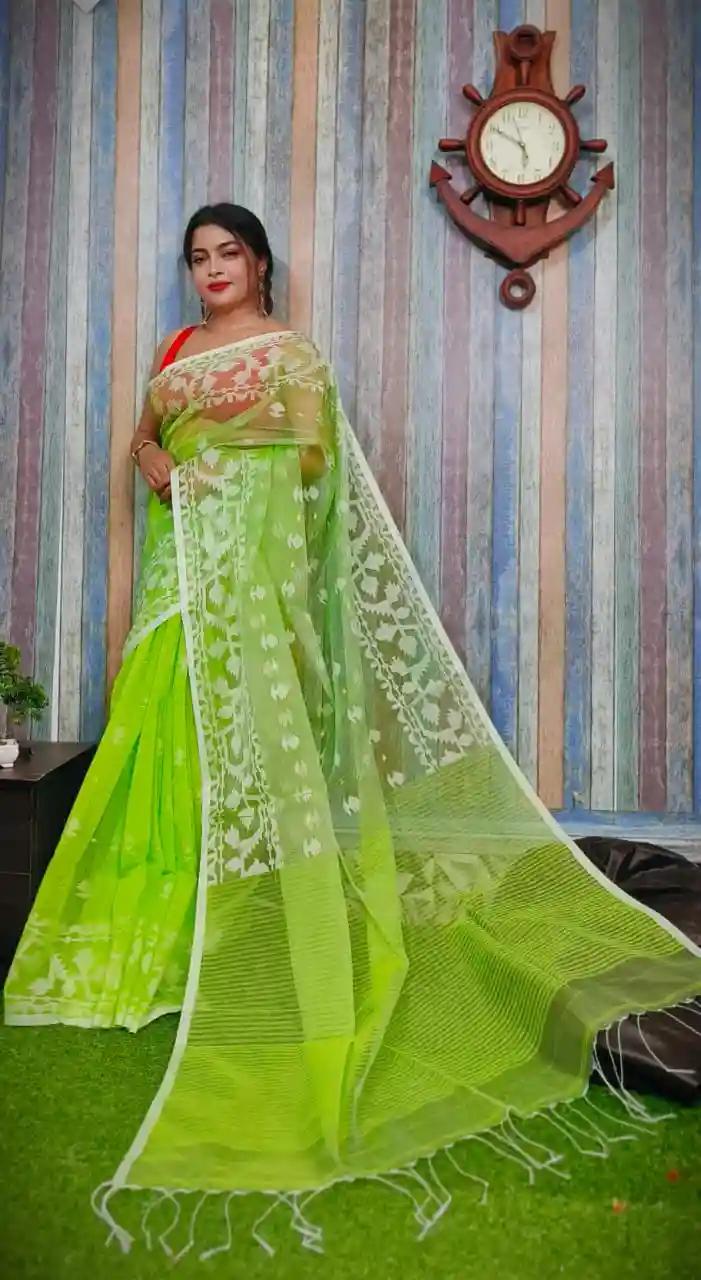 Light Green Reshom Silk Handloom Jamdani Saree