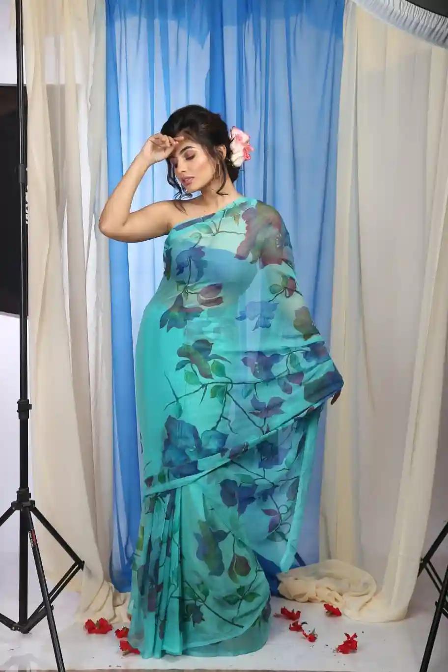 Pure Organza Hand-Painted Turquoise Saree With Big Blue Flower Design