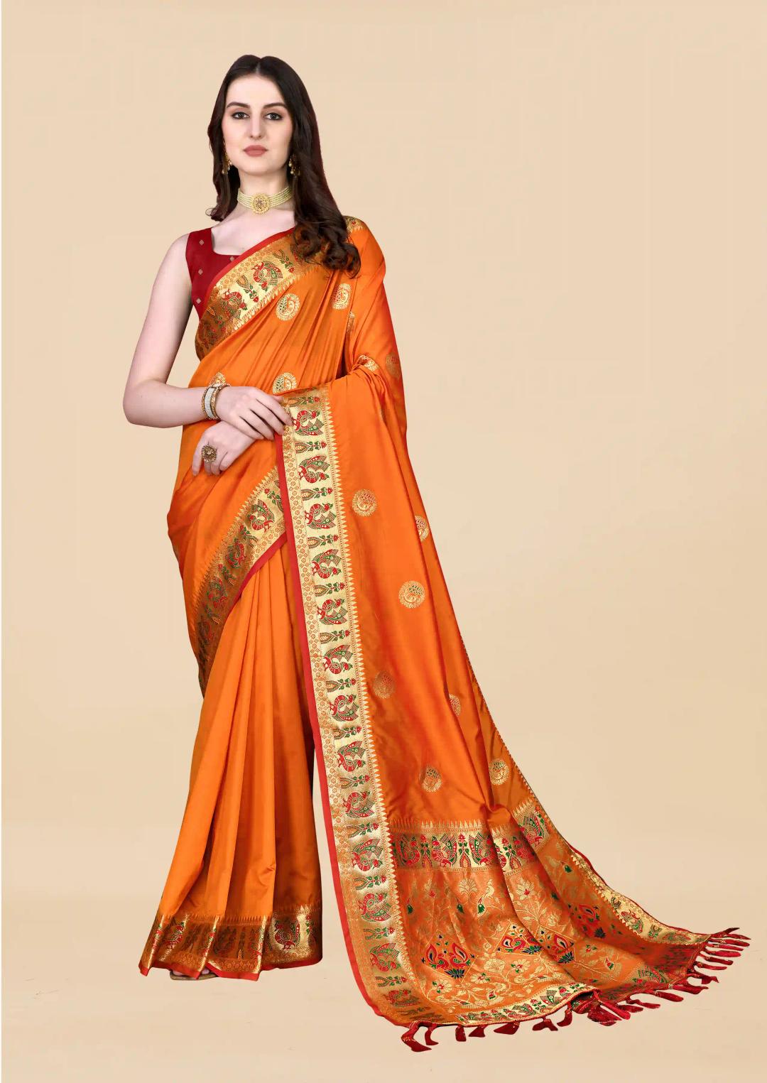 Soft Litchi Silk Saree With Zari Weaving Blouse - Orange