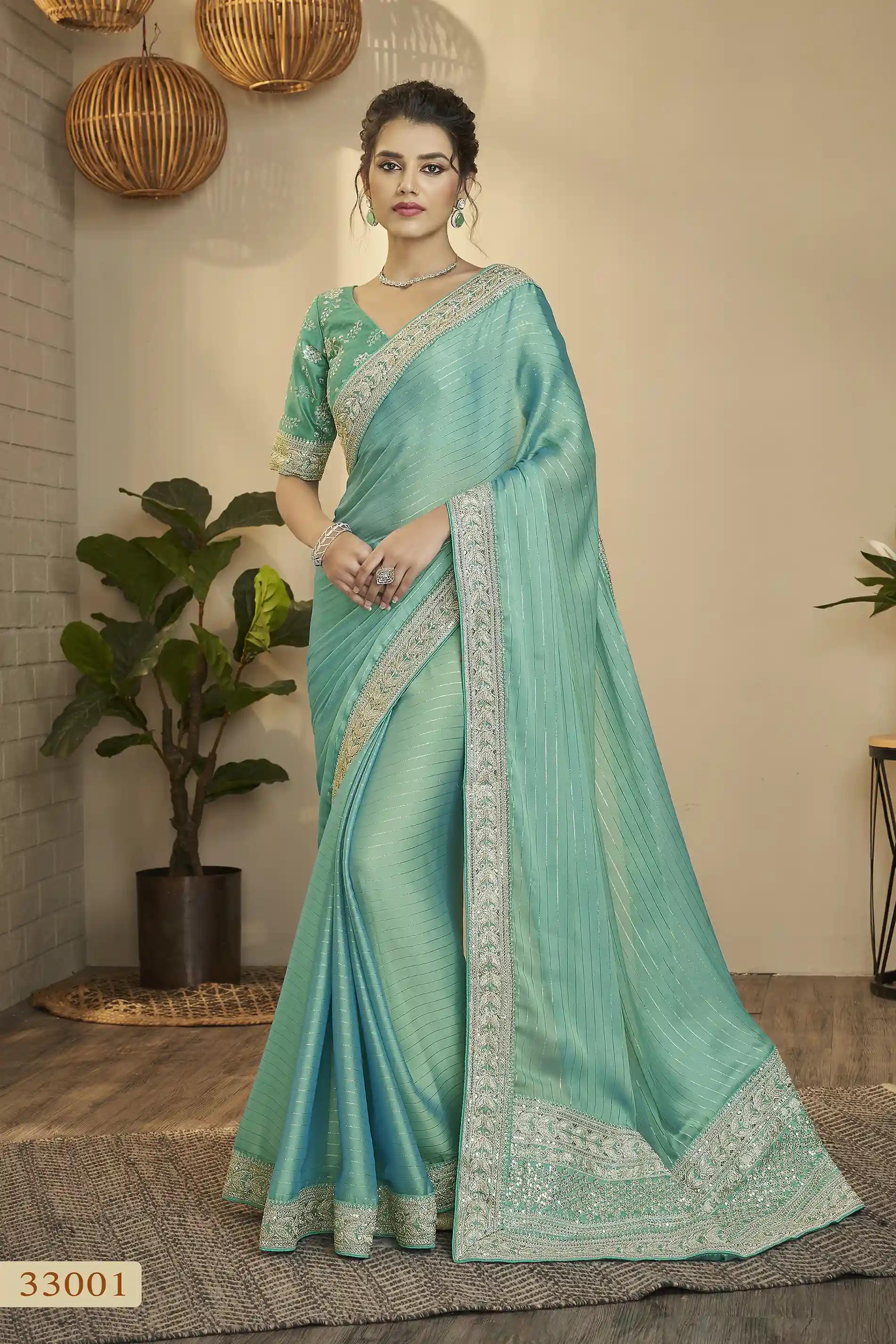 Sequins Silk Saree - Sea Green