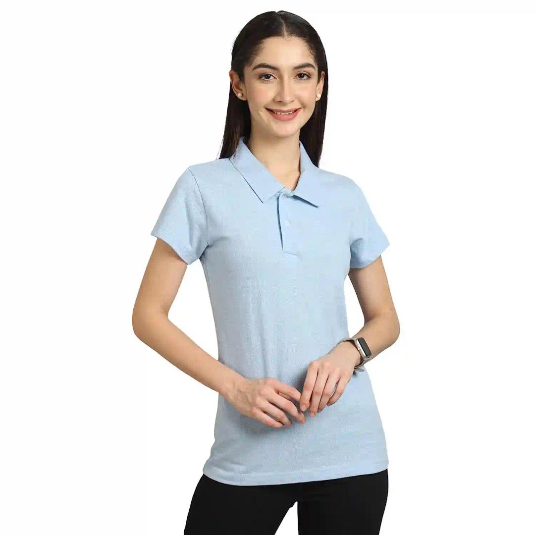 Cotton Collar Neck T-Shirt For Women - Sky Blue (Small)