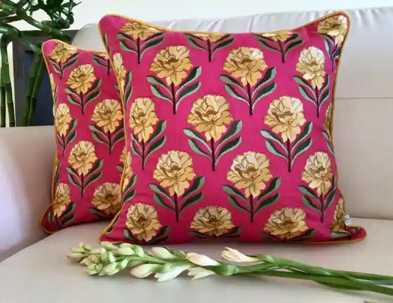 Bagh-e-Khaas- Embroidered Cotton Silk Cushion Cover- Fuschia Pink- Set of 2