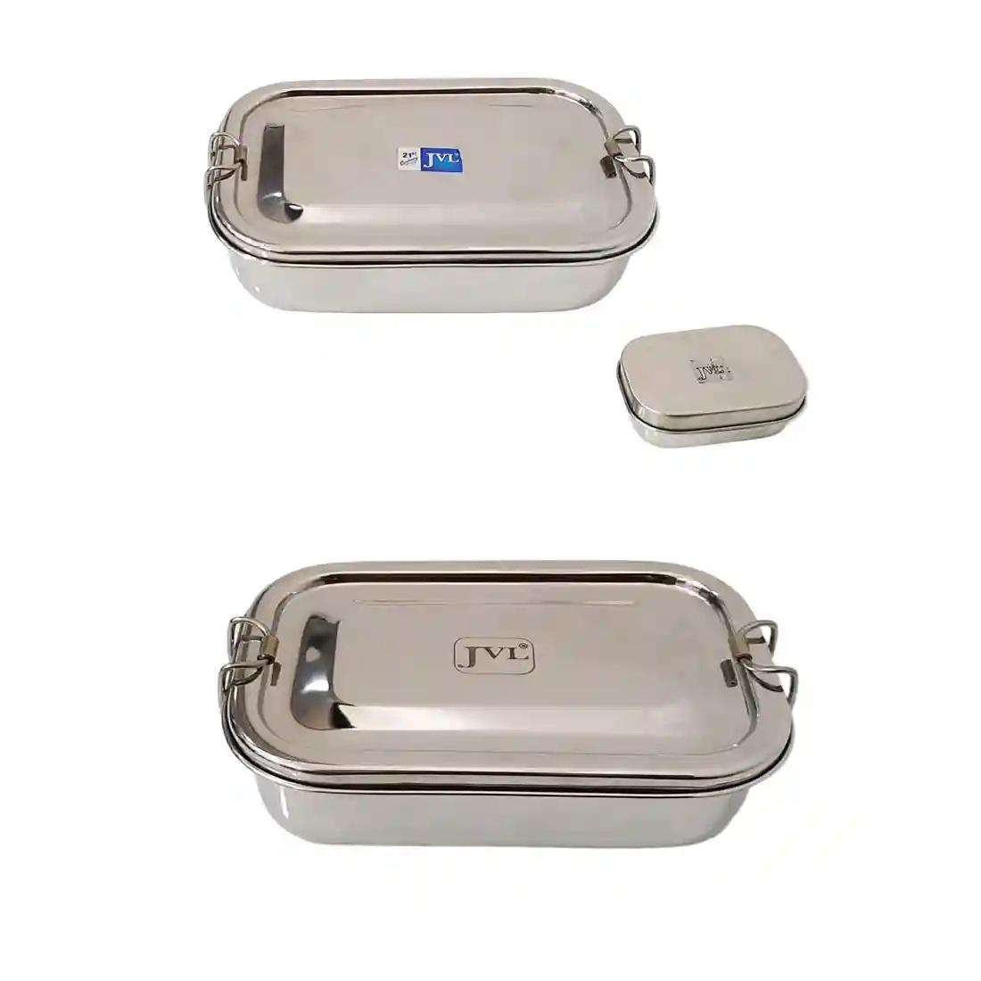 Jvl Stainless Steel Rectangular Single Layer Lunch Box With Inner Plate & Rectangular Lunch Box With Small Container Not Leak Proof - Pack Of 2