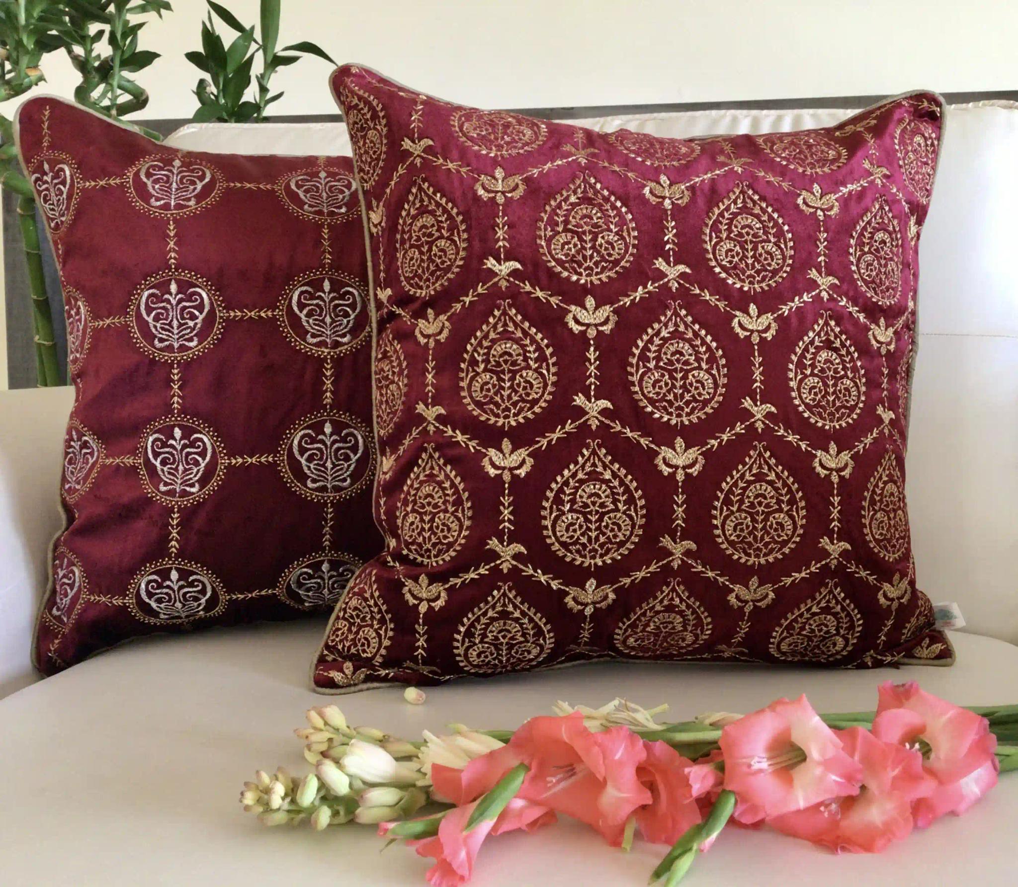 Padmini- Embroidered Luxury Velvet Cushion Cover- Wine Red- Set of 1