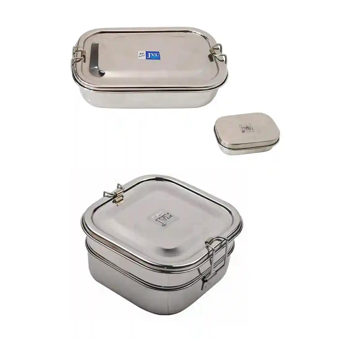 Jvl Stainless Steel Rectangular Single Layer Lunch Box With Small Container & Big Square Double Layer Lunch Box With Inner Plate Not Leak Proof - Pack Of 2