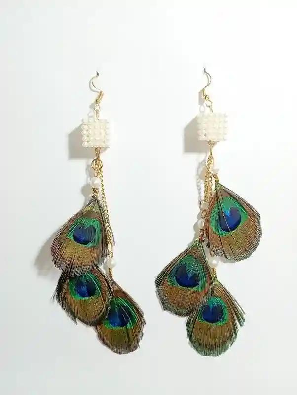 Three Peacock Feather Design With Cube Earrings