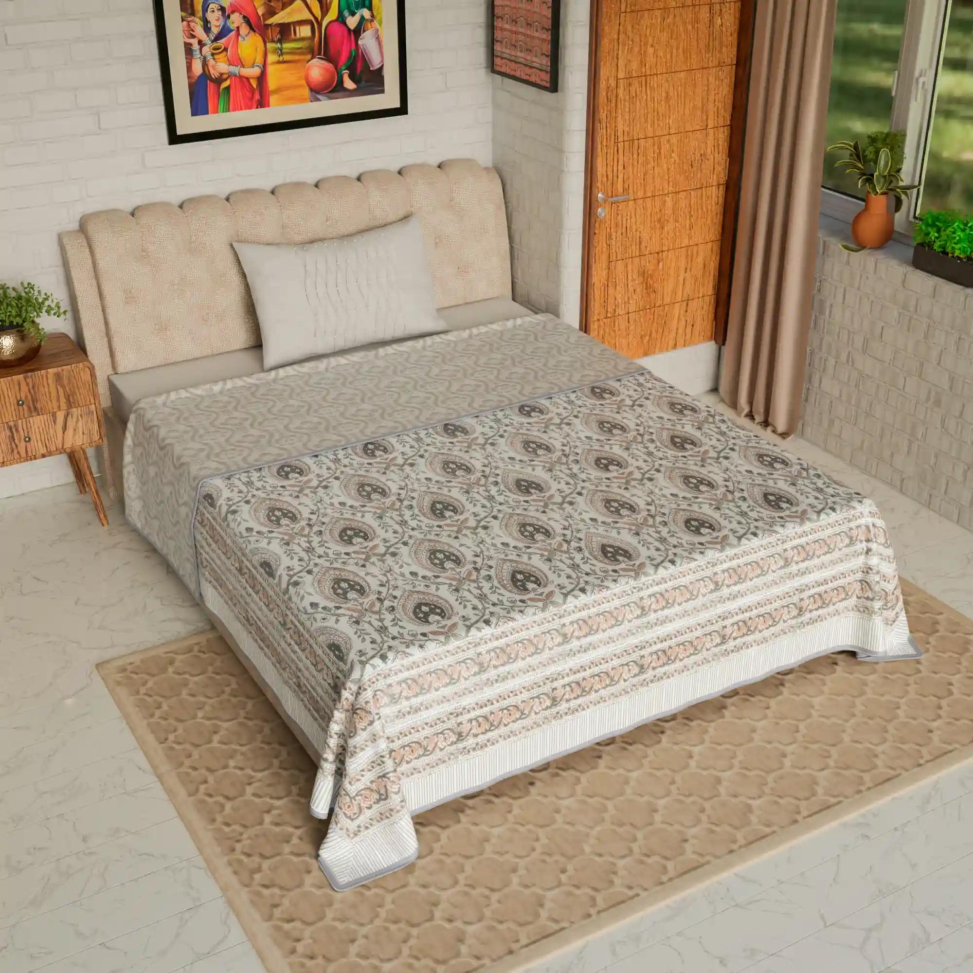 Jaipur Dohar Hand Block Printed Single Bed Cotton Dohar - Orange Grey Floral