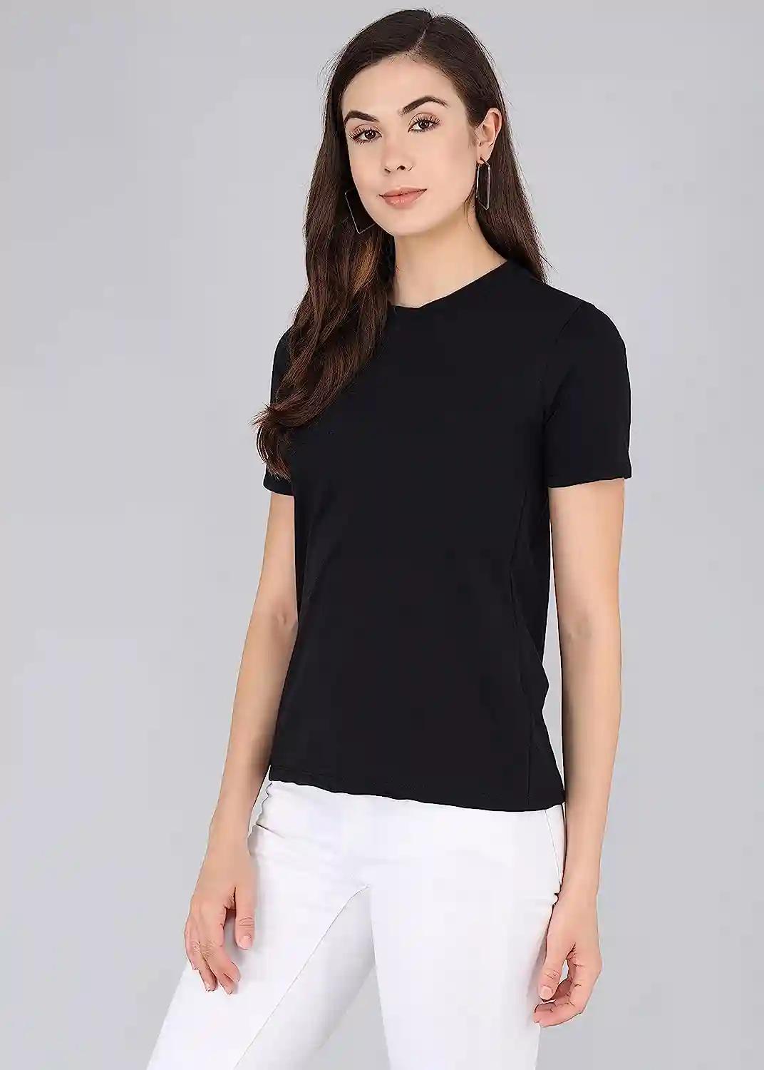 Cotton Round Neck T-Shirt For Women - Black (Small)