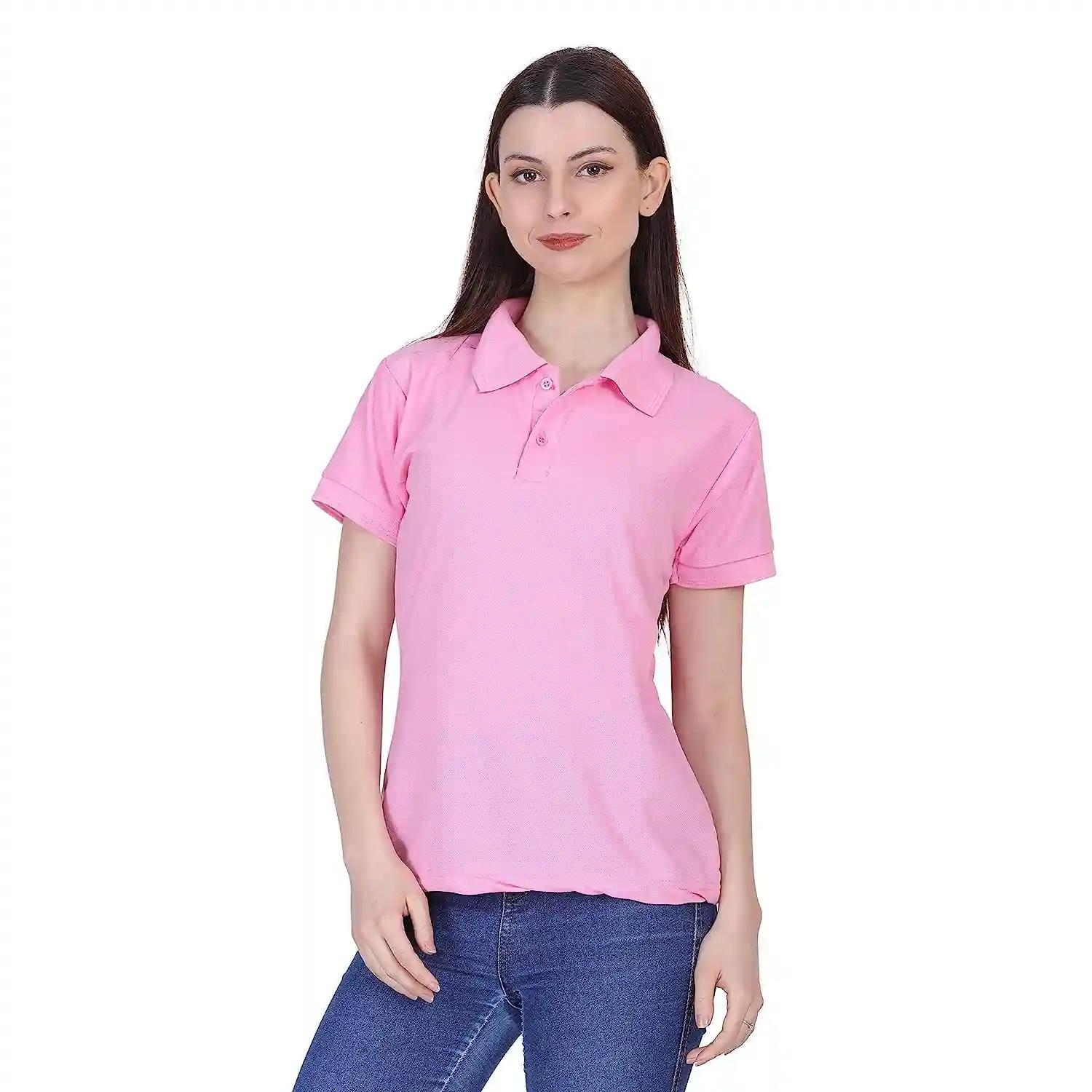 Cotton Collar Neck T-Shirt For Women - Pink (Small)