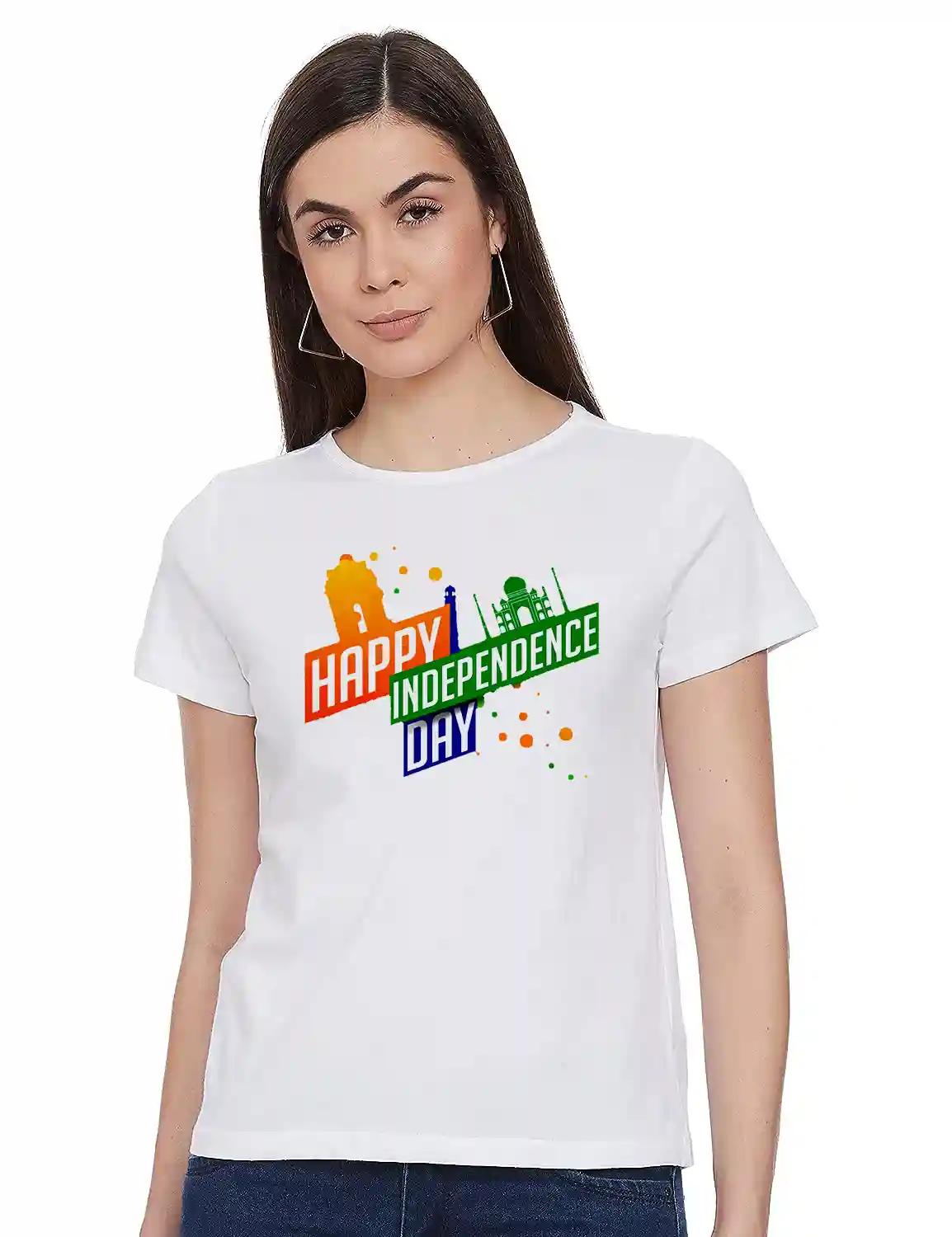 Cotton Round Neck Independence Day T-Shirt For Women - White (Small)