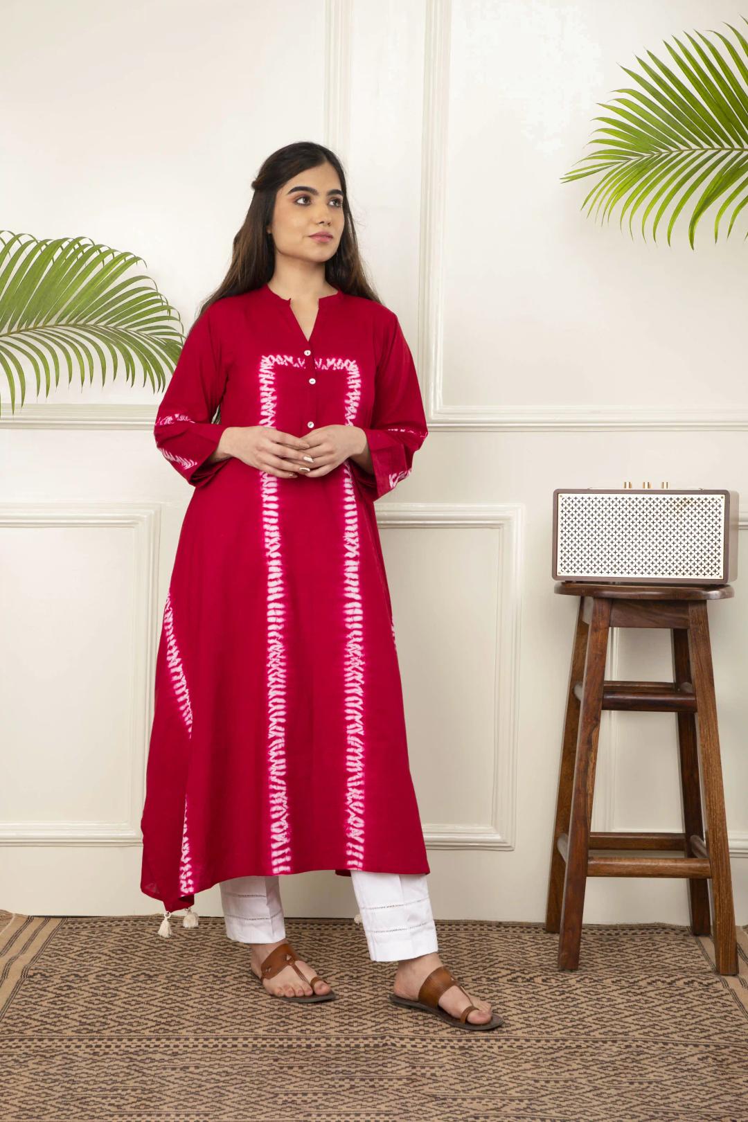 Red Shibori Tie And Dye Cotton A-Line Kurta - X-Small