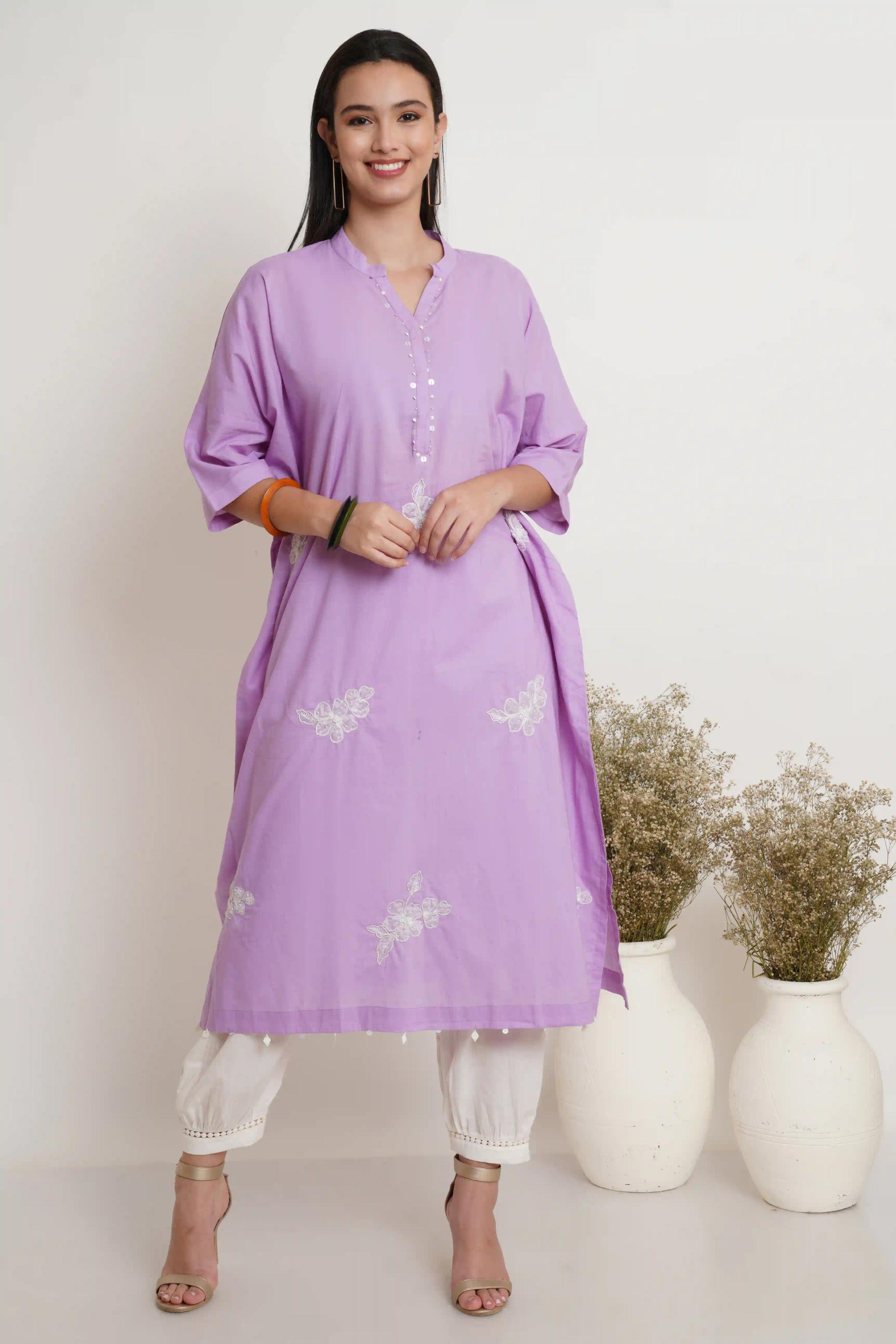 Mauve Hand Embroidered Kaftan - X-Small