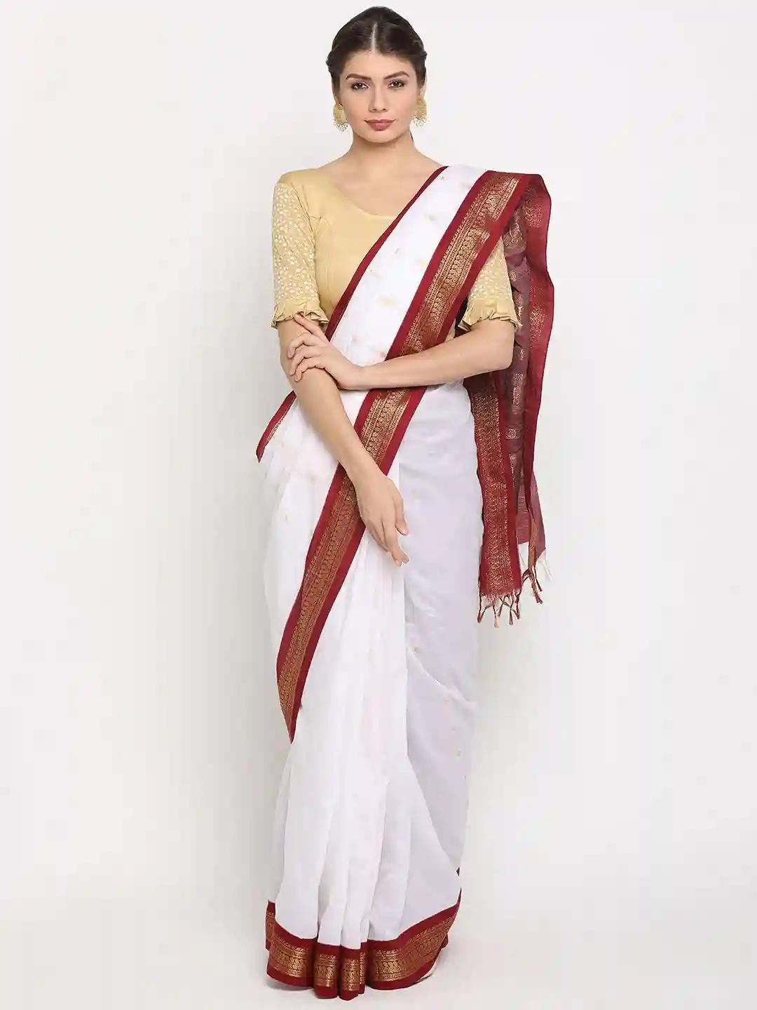 Gadwal Silk Cotton Sarees With Zari Buttas - White Maroon