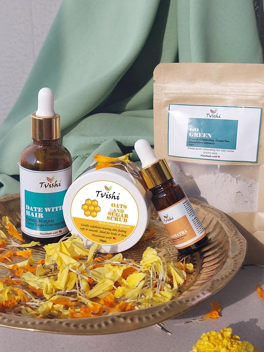 Tvishi Velicham Kit - Date with Hair concentrate, Go Green Clay mask, Nakshatra Glow Serum, Oats & Sugar Scrub