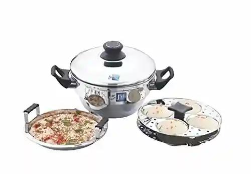 JVL Stainless Steel Induction Compatible Classic Idli Pot Maker with Steamer Plate (2 Plates x 4 Cavity + 1 Steamer Plate)