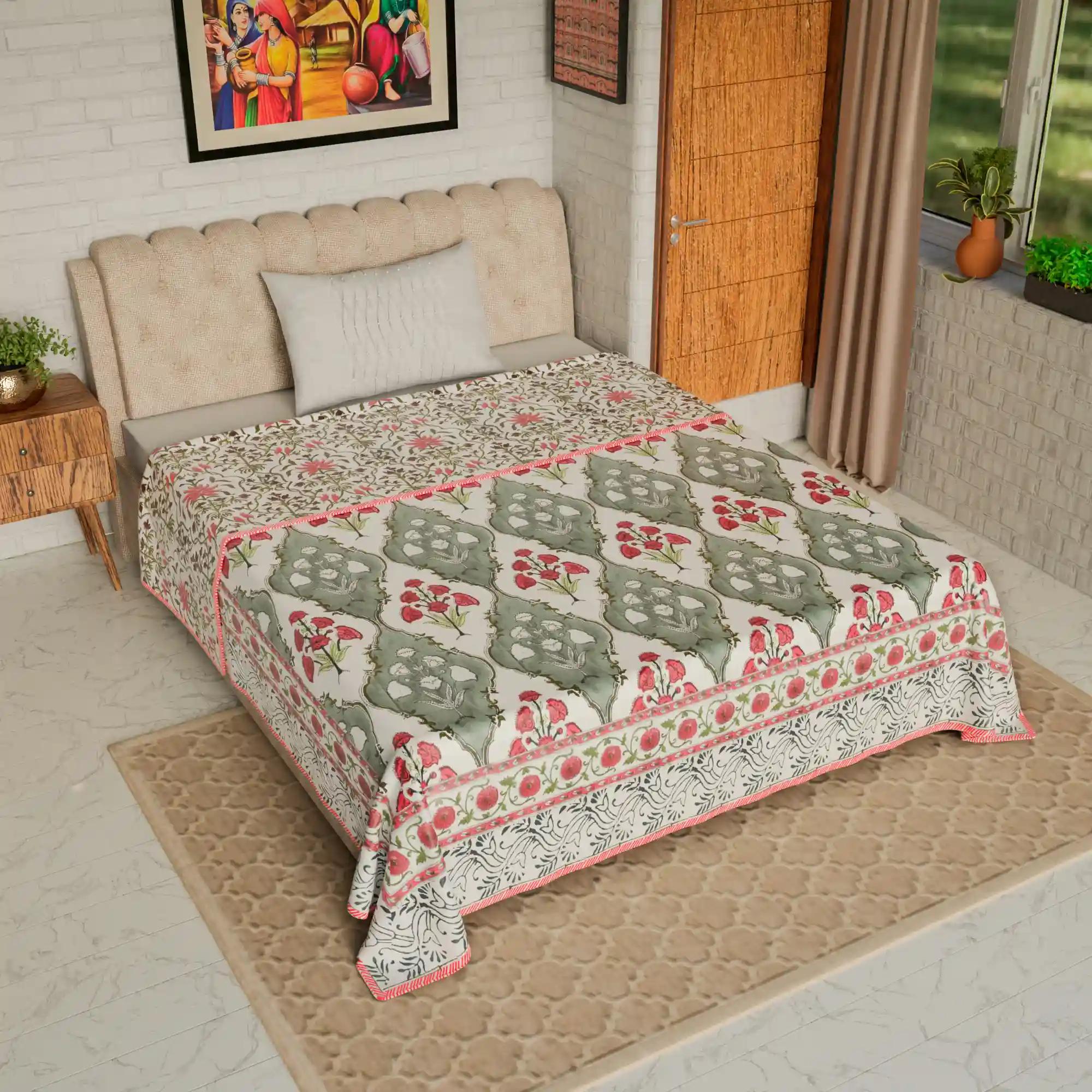 Jaipur Dohar Hand Block Printed Single Bed Cotton Dohar - Grey Red Floral