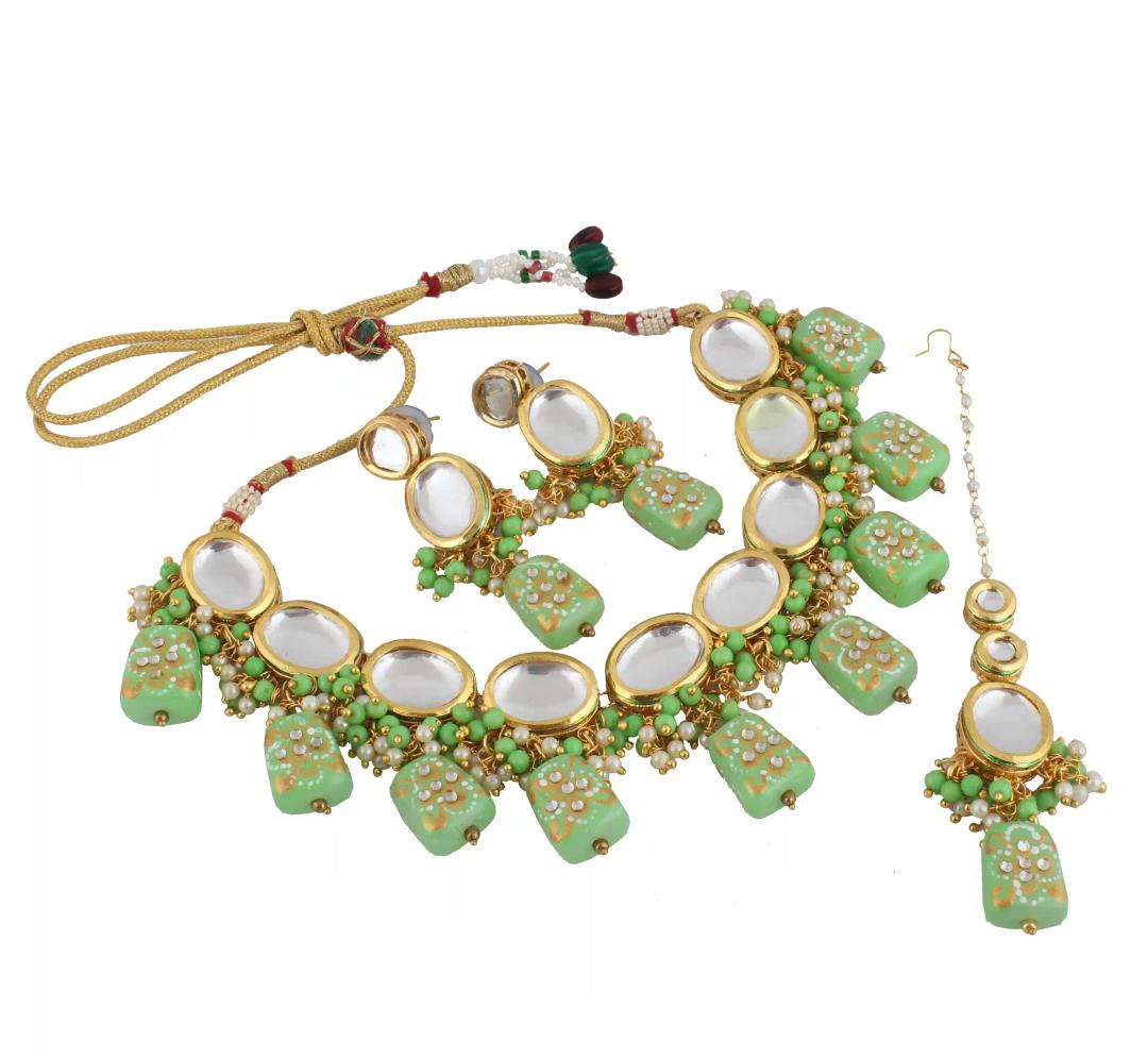 Gold Plated(18k) Meenakari Kundan Choker Necklace Set With Maang Tika - Leaf Green