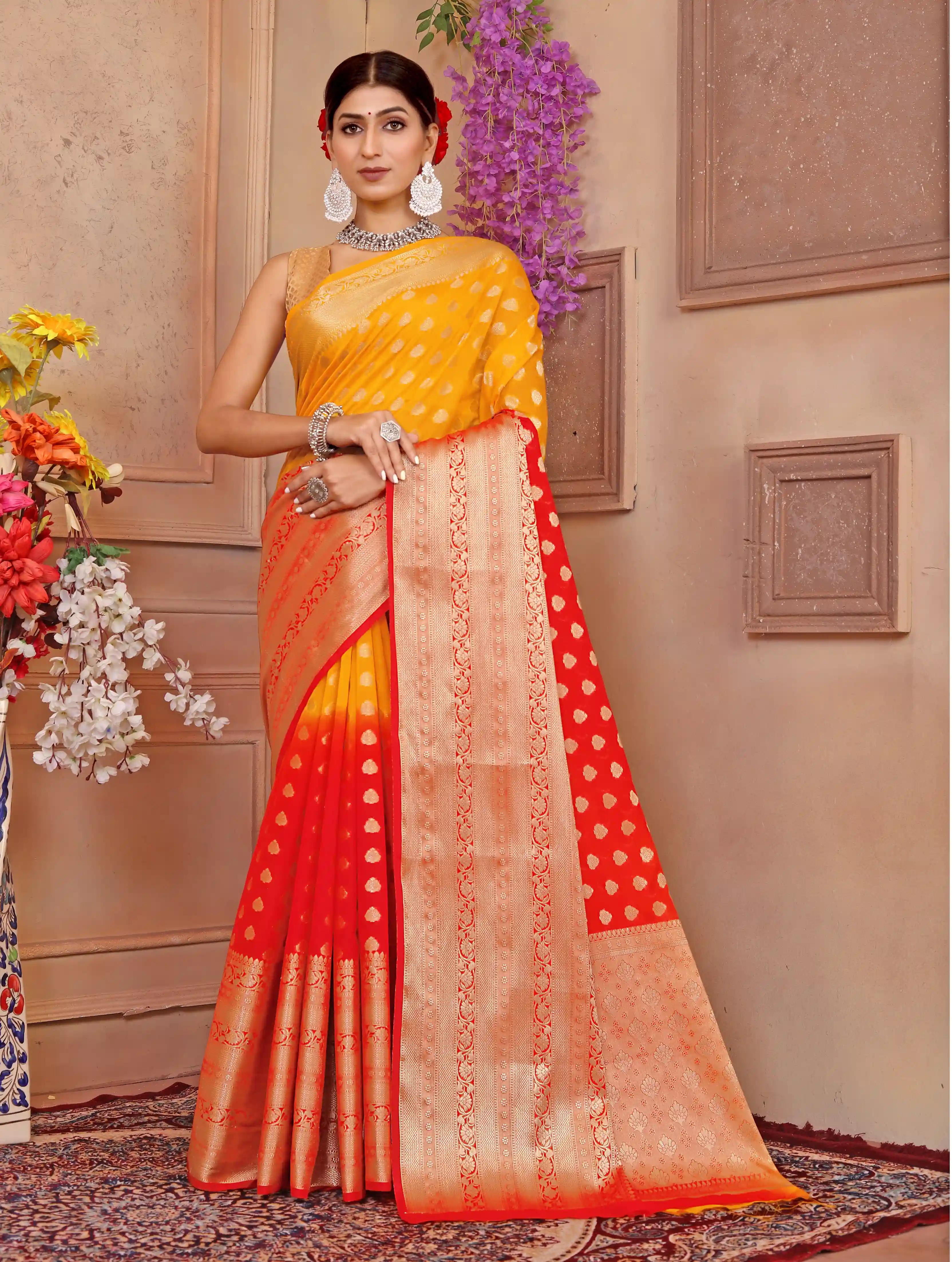 Soft Georgette Shaded Silk Saree - Red Yellow