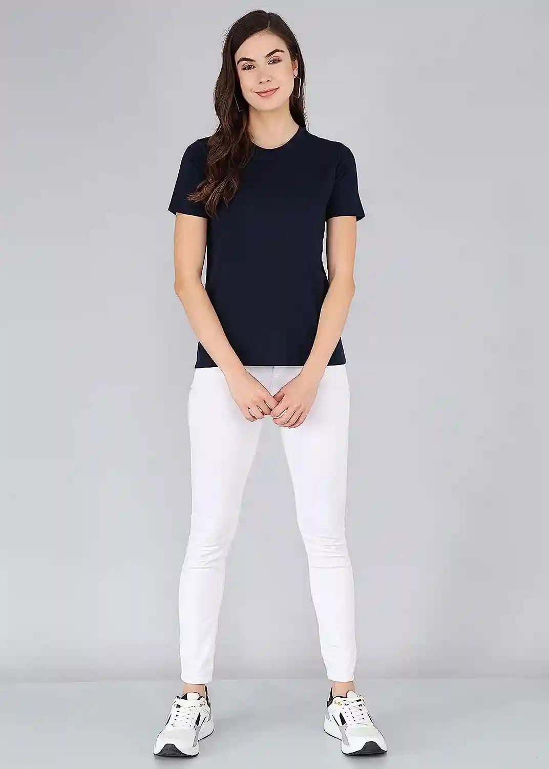 Cotton Round Neck T-Shirt For Women - Navy Blue (Small)