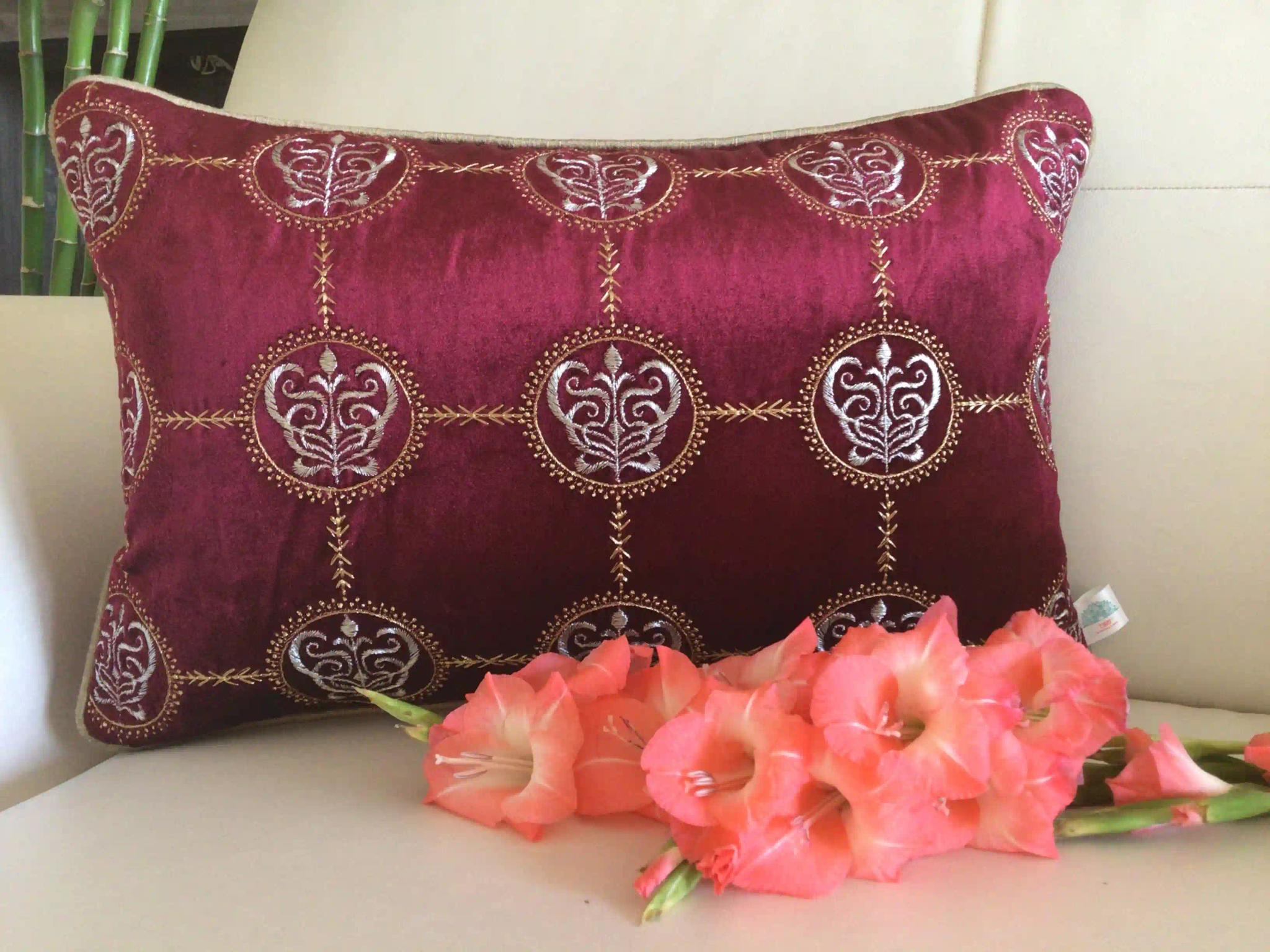 Cleopatra- Embroidered Luxury Velvet Cushion Cover- Wine Red- Set of 1