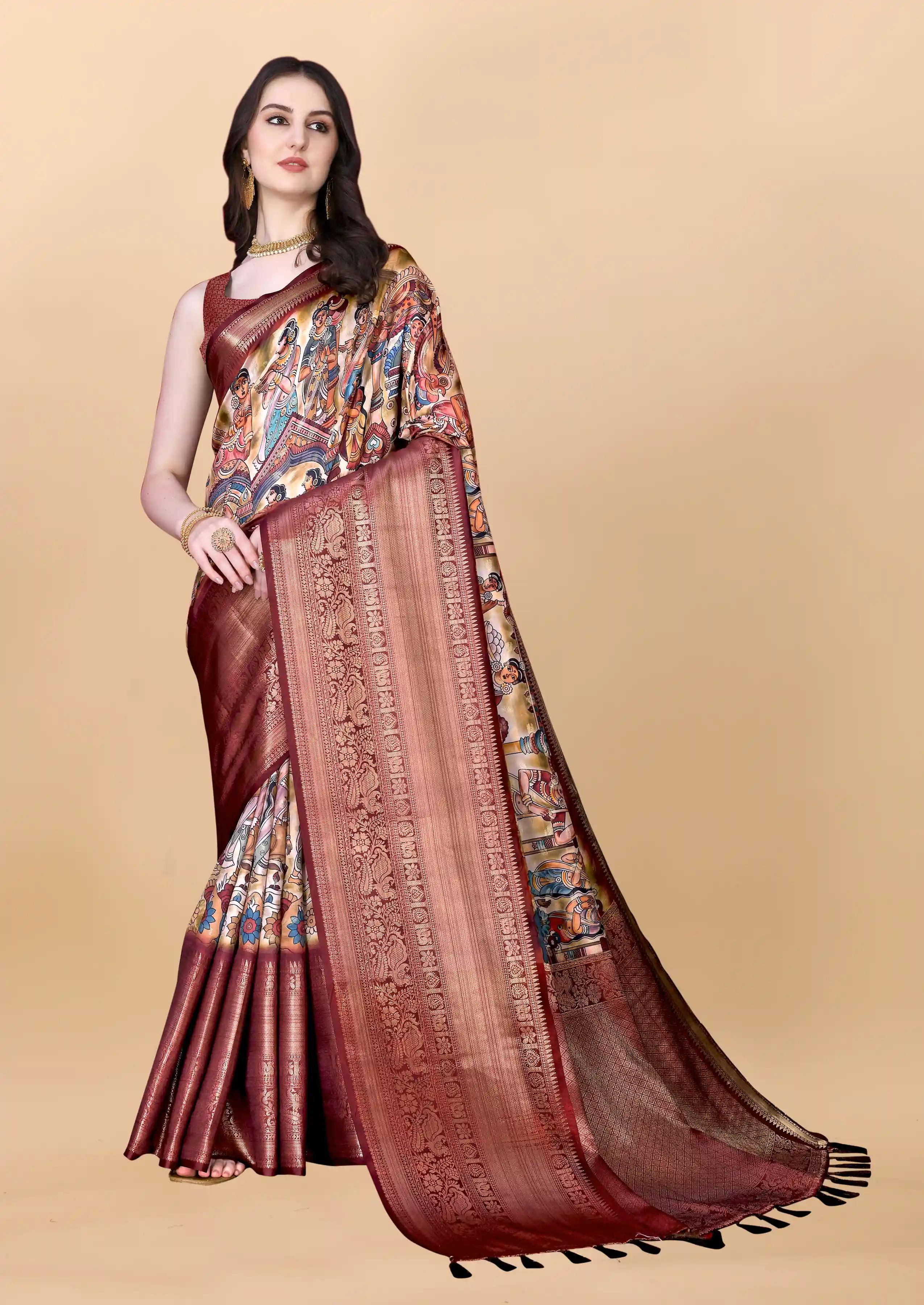 Soft Banarasi Silk Kalamkari Block Print Designer Saree - Cream Brown