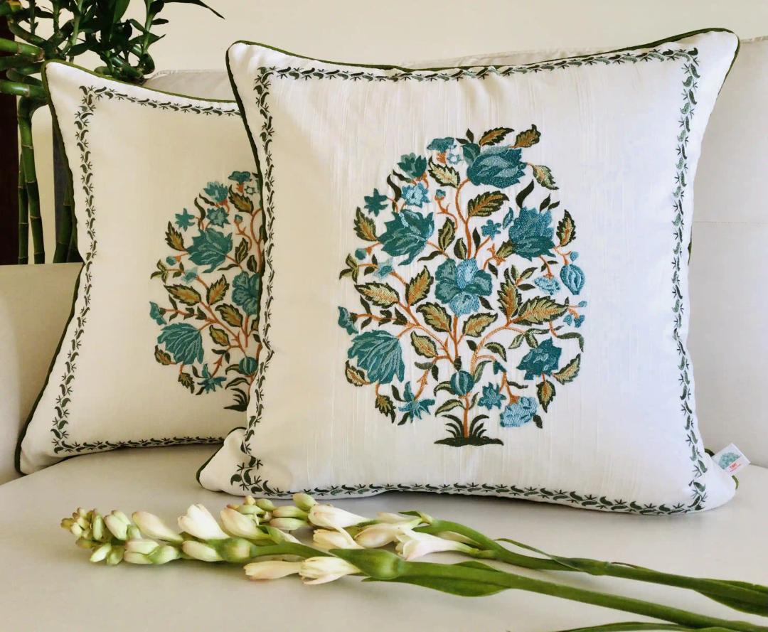 Wild Flower Fields- Embroidered Cotton Silk Cushion Cover- Pastel Blue & Green- Set of 2