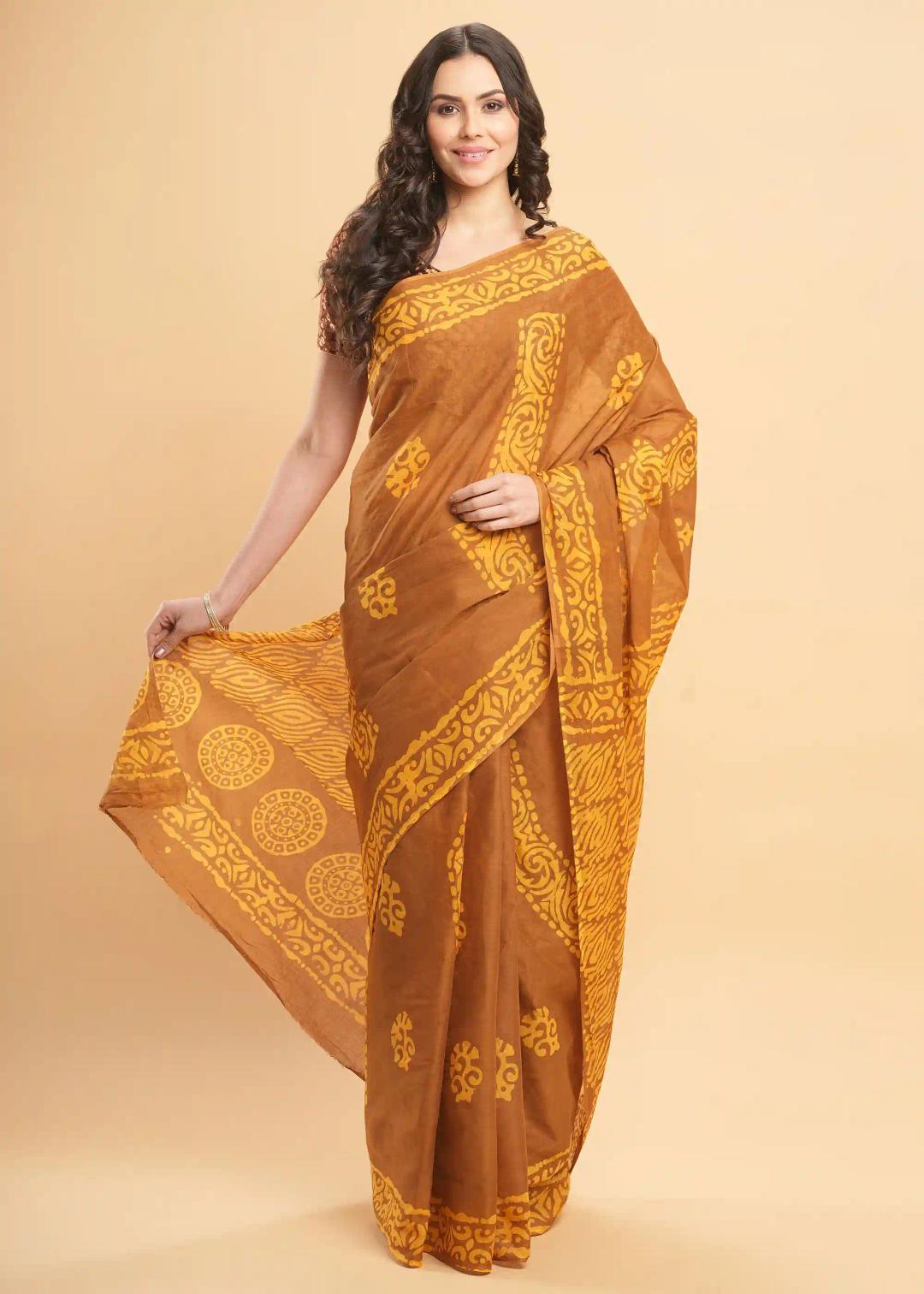 Mul Mul Pure Cotton Saree With Self Dye And Batik Prints - Mustard