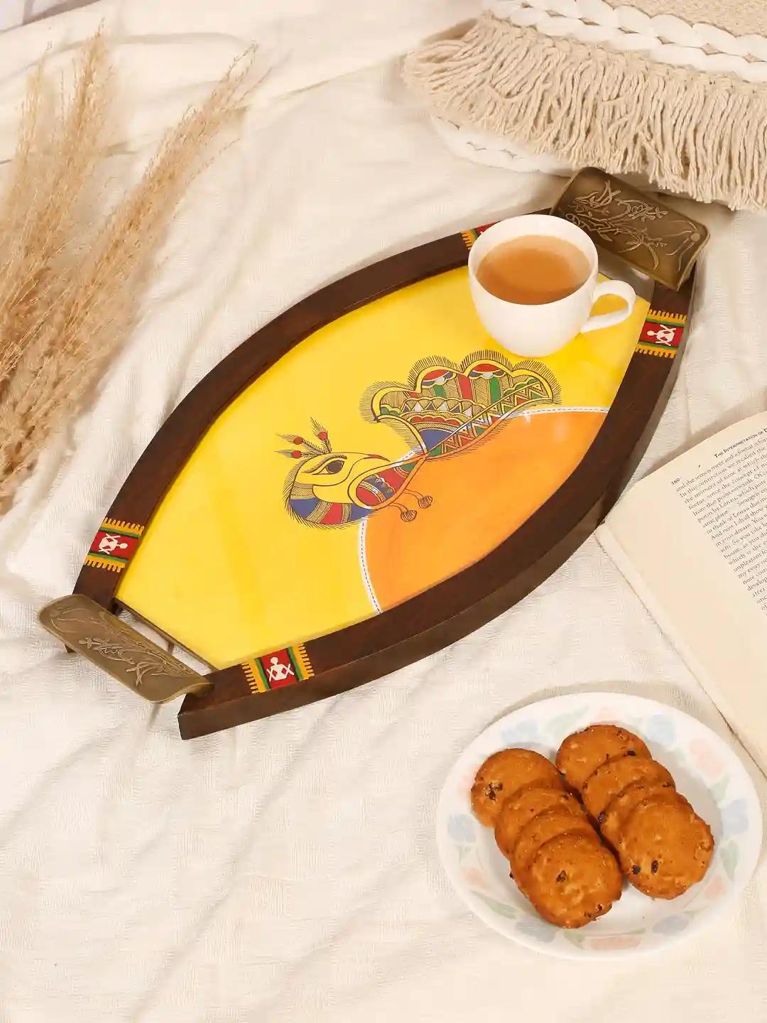 Shilpkara Dancing Peacock Handpainted Kitchen Decorative Table Top Tray